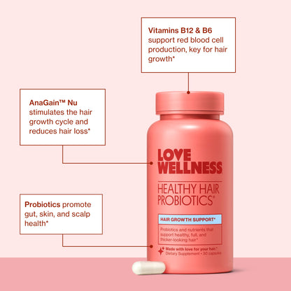 Love Wellness Healthy Hair Probiotics | Support Hair Growth with Biotin and Vitamin B12 & B6 | Supplement for Healthy Scalp & Thicker, Fuller Looking Hair | Safe & Effective | 30 Capsules Love WellnessUS supplements