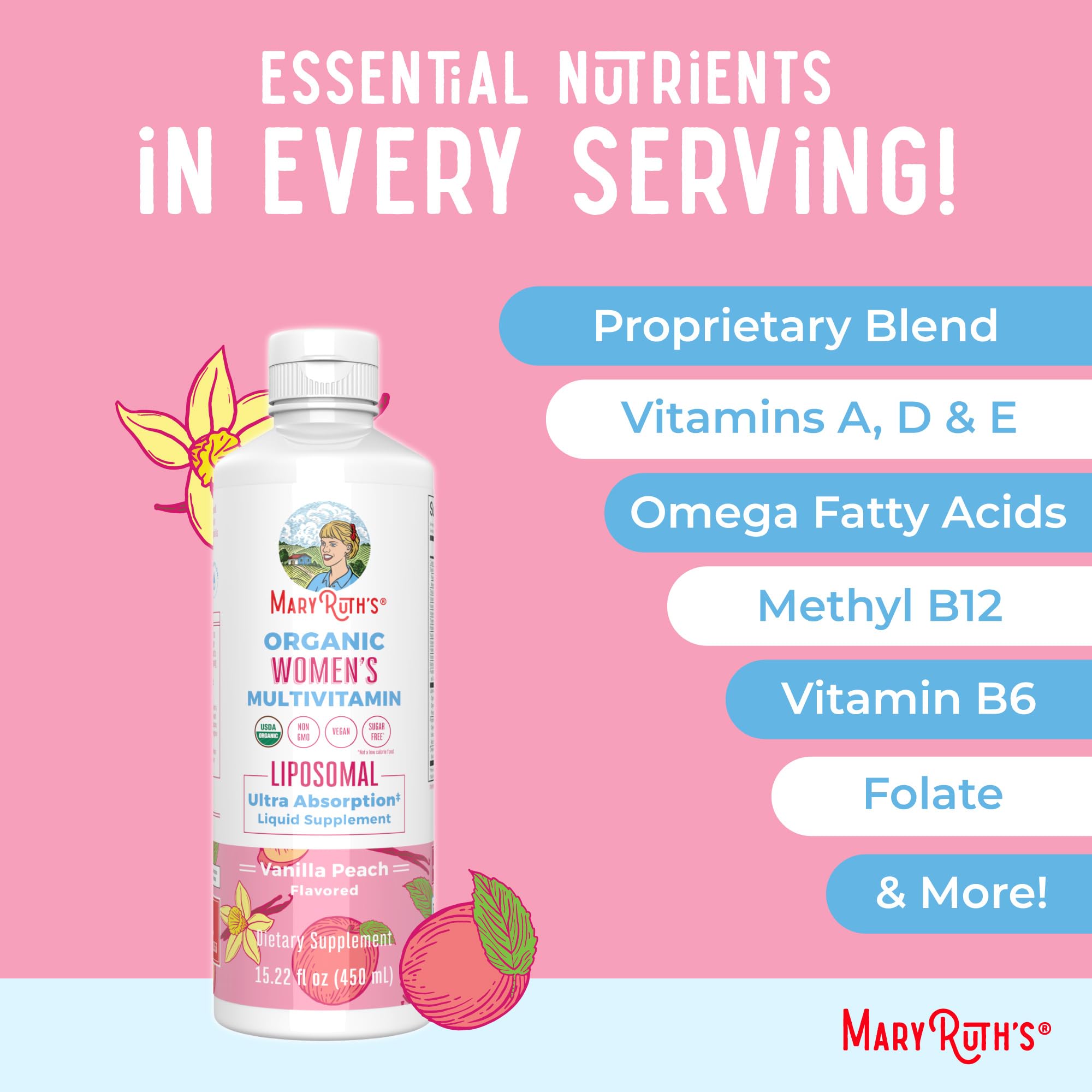 MaryRuth Organics USDA Organic Multivitamin for Women, Sugar Free Womens Multivitamin, Liquid Vitamins for Women, Immune Support Supplement, Ashwagandha, Methylfolate, Vegan, Non-GMO, 15.22 Fl Oz MARYRUTH'SUS supplements