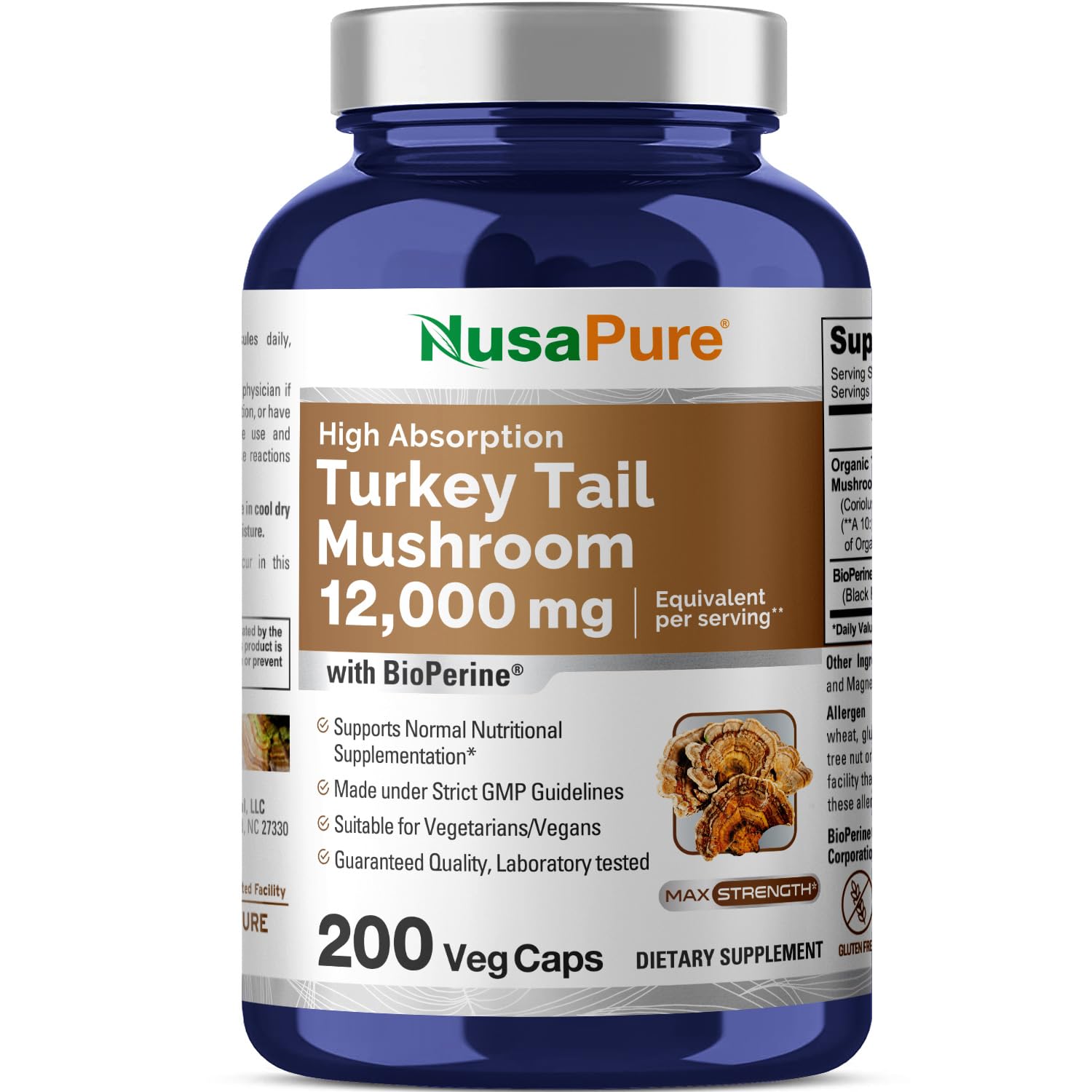NusaPure Turkey Tail Mushroom Capsules, 10:1 Extract, 1200 mg Equivalent to 12,000mg, 200 Vcaps, Non-GMO, Gluten Free, Bioperine NusaPureAu supplements