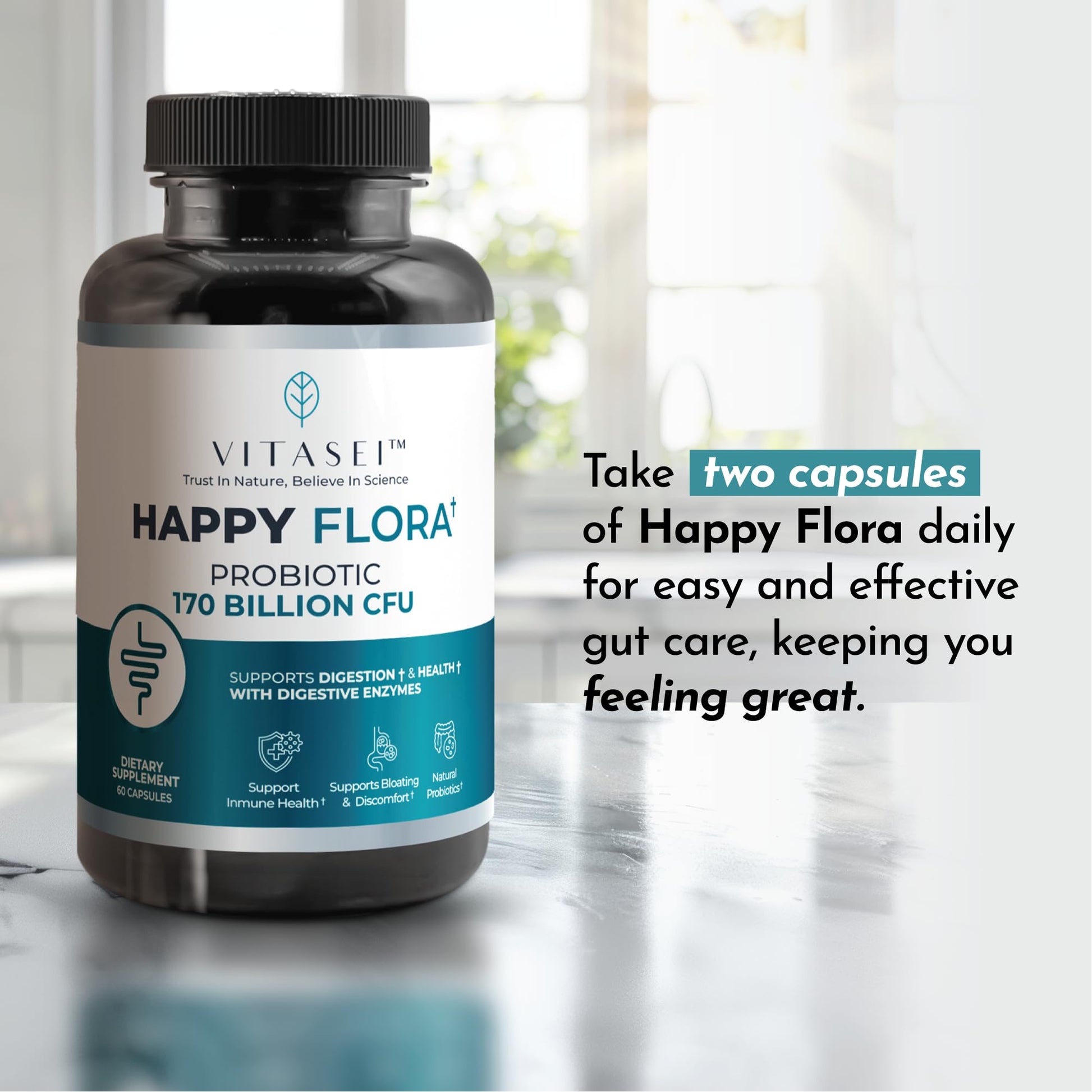 VITASEI Happy Flora, Probiotic Supplement 170 Billion CFU for a Healthy Gut Health with enzymes for Digestion, probiotics for Women and Men, 1 Bottle - 60 Capsules VITASEIAu supplements