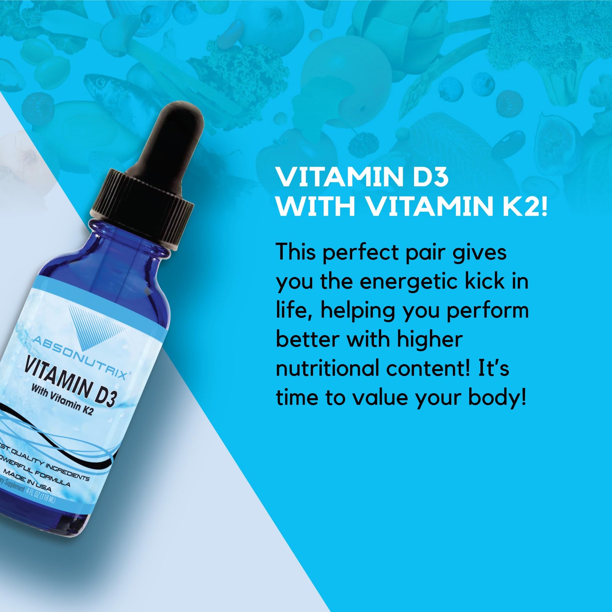 Absonutrix Vitamin D3 K2 Drops, 390mg, 4 Oz Liquid, 302 Servings, Made in USA, Quick Absorption, Quality Potent Ingredients, Non-GMO, GMP Certified, Cruelty-Free Products, Bone Strength Supplements AbsonutrixAu supplements