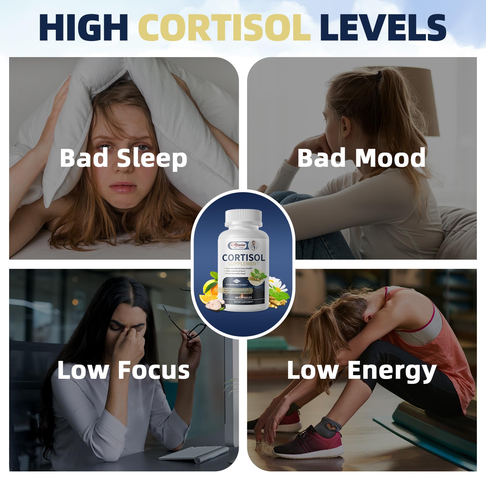 Cortisol Supplements for Women & Men,High Cortisol Reducer, Manager, Detox, Lower and Control,with Magnesium, Ashwagandha,Rhodiola, L-Theanine for Mood,Focus,Sleep AlliwiseAu supplements