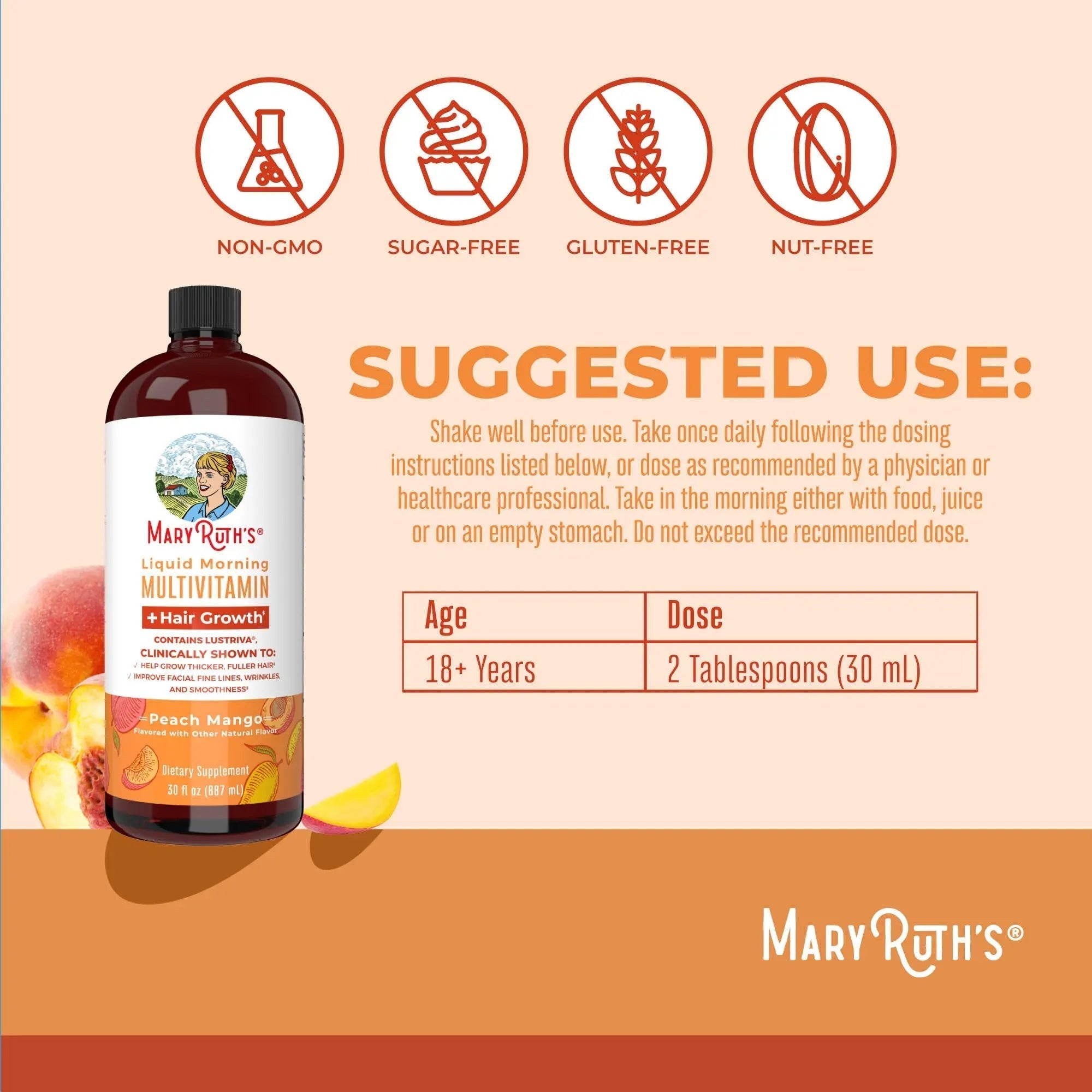 MaryRuth's MaryRuth's Liquid Morning Multivitamin +Hair Growth (Peach Mango, 30oz) & Iron Liquid (Berry) | Clean Label Project Verified® | MARYRUTH'SAu supplements