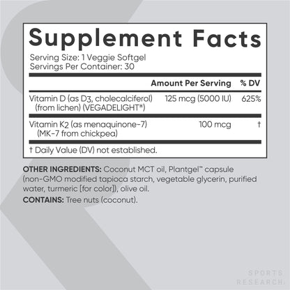 Sports Research Vegan Vitamin D3 + K2 Supplement with Organic Coconut Oil - 5000iu Sports ResearchUS supplements