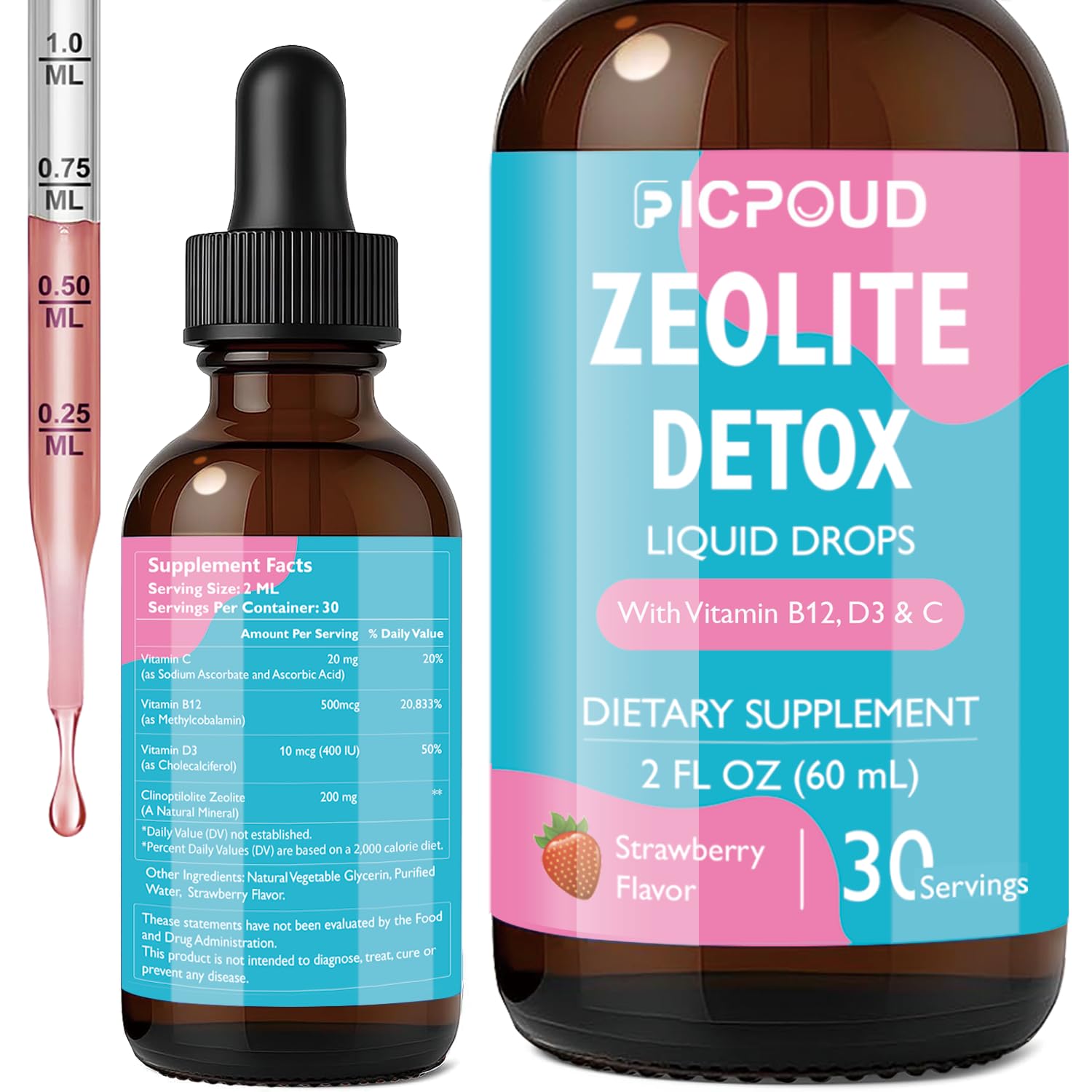 Ficpoud Zeolite Detox for Kids & Adults – Pure Zeolite clinoptilolite Liquid Drops with Vitamin B12, C & D3 – Gentle Daily Cleanse for Gut, Immune, Energy & Speech Support, Strawberry Flavor, 2 Fl Oz FicpoudAu supplements