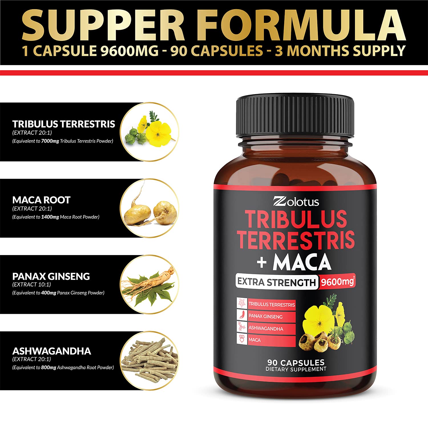 Zolotus Premium Tribulus Terrestris Capsules - 9600mg Per Serving - Combined ZolotusAu supplements