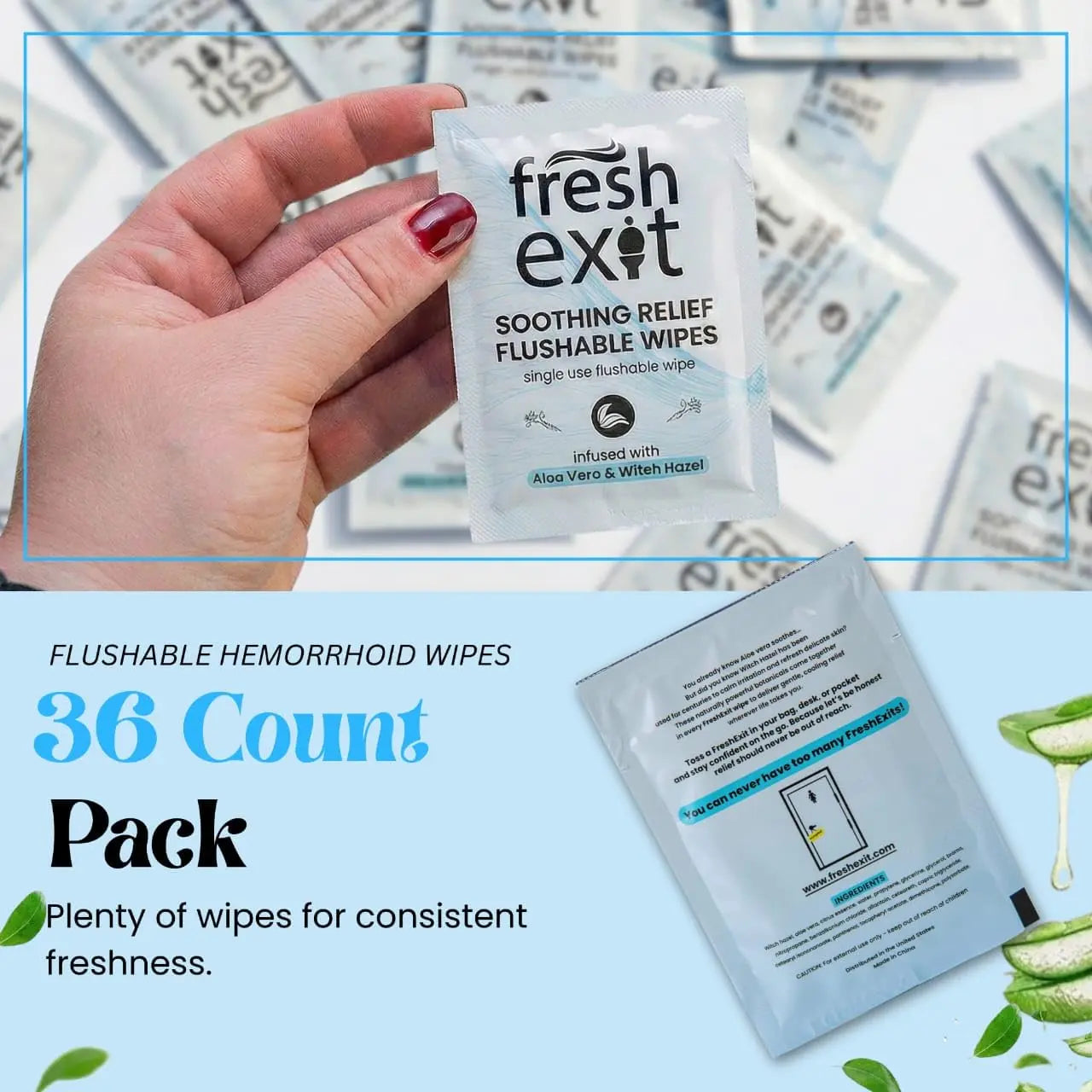 FreshExit Flushable Hemorrhoid Wipes – 36 Count – Individually Wrapped with Witch Hazel & Aloe Vera, Large Discreet Travel Wipes for Adults, Soothing & Gentle on Skin FreshExitAu supplements