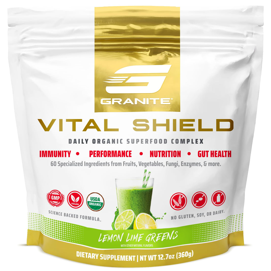 Granite Nutrition Vital Shield - USDA Organic Superfood Greens with Mushrooms & Tart Cherry – Supports Energy, Immune Function & Digestive Health – Lemon Lime Flavor (30 Servings) Granite SupplementsAu supplements