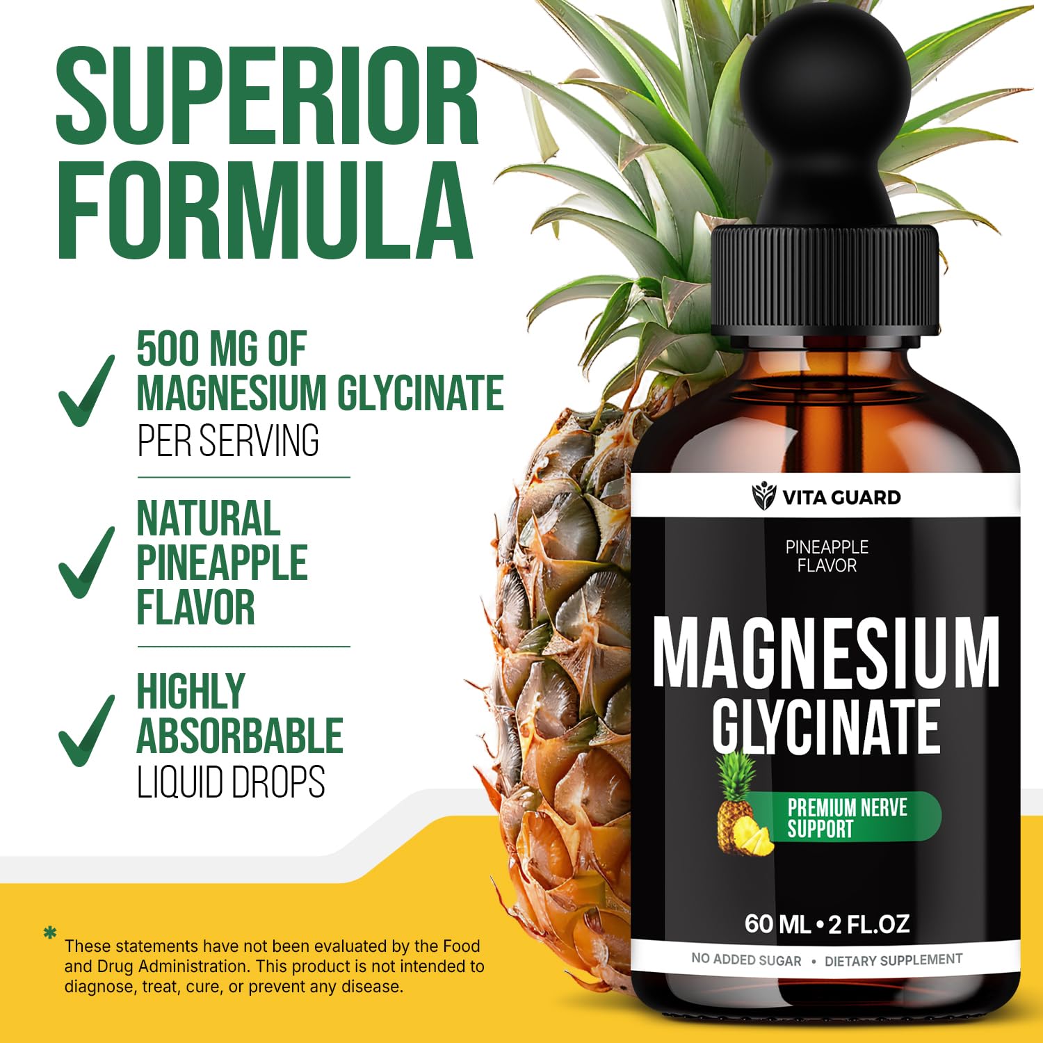 Magnesium Glycinate 500mg Liquid Drops – Sugar-Free Magnesium Supplement, Vegan Formula, 60 mL Flavor Pineapple Vita GuardAu supplements