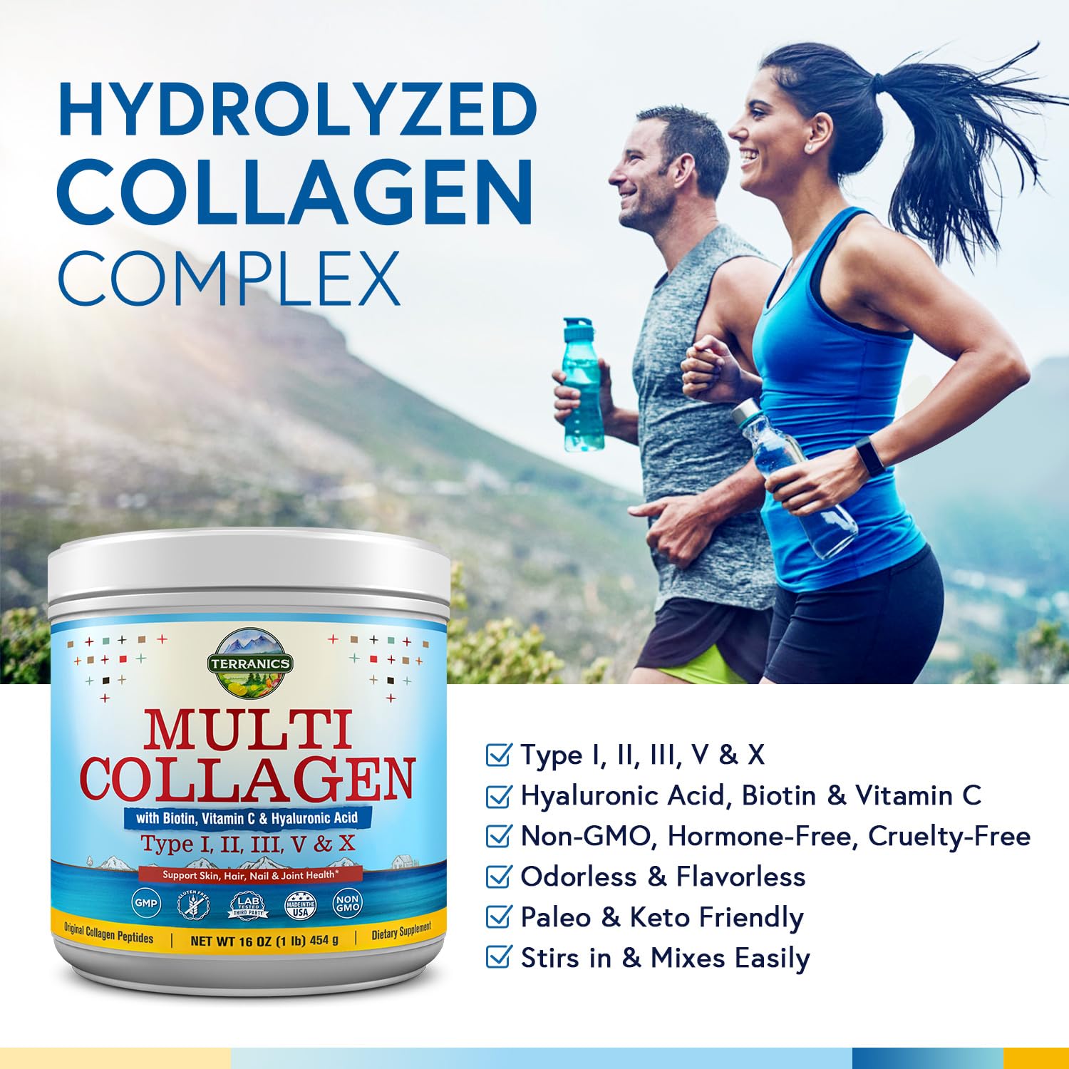Terranics Multi Collagen Powder Type I II II V X with Biotin VC Hyaluronic Acid, Paleo TerranicsUS supplements
