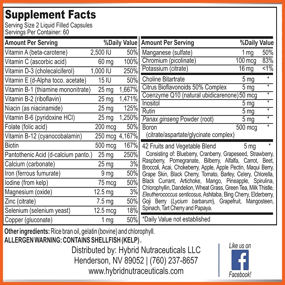 MiracleMulti Liquid Multivitamin Capsules for Men & Women - Complete Whole Food Blend Daily Vitamin & Mineral Supplement with CoQ10, B12, 42 Superfood Enzyme - 120 Softgels Hybrid NutraceuticalsAu supplements