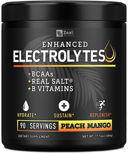 Enhanced Electrolyte Powder (Peach Mango | 90ct.) + BCAA, B-Vitamins & Real Salt Zeal NaturalsUS supplements