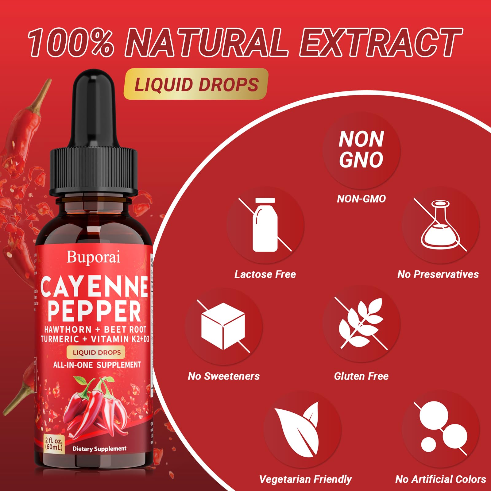 Buporai Cayenne Pepper Drops, Cayenne Pepper Extract Liquid Supplement for Overall Well-Being, 2 fl oz, Vitamin D3 K2 Beet Root Powder BuporaiAu supplements