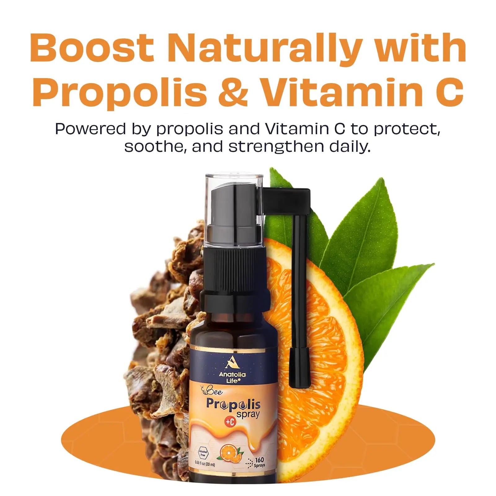 Anatolia Life Bee Propolis Spray + Vitamin C – Alcohol-Free, Natural Orange Flavor, 100% Pure Bee Propolis Extract, Antioxidant Support, Gentle Throat Comfort – 20 ml (~160 Sprays) Anatolia LifeAu supplements