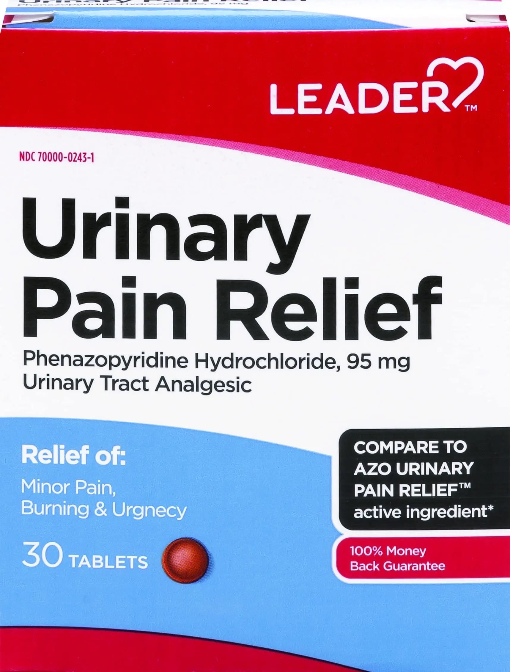 Leader Urinary Pain Relief Maximum Strength, Urinary Tract Analgesic, Relieves Burning and Urgency, Phenazopyridine Hydrochloride 95 mg, for Adults, Both Men & Women, 30 Tablets LeaderAu supplements