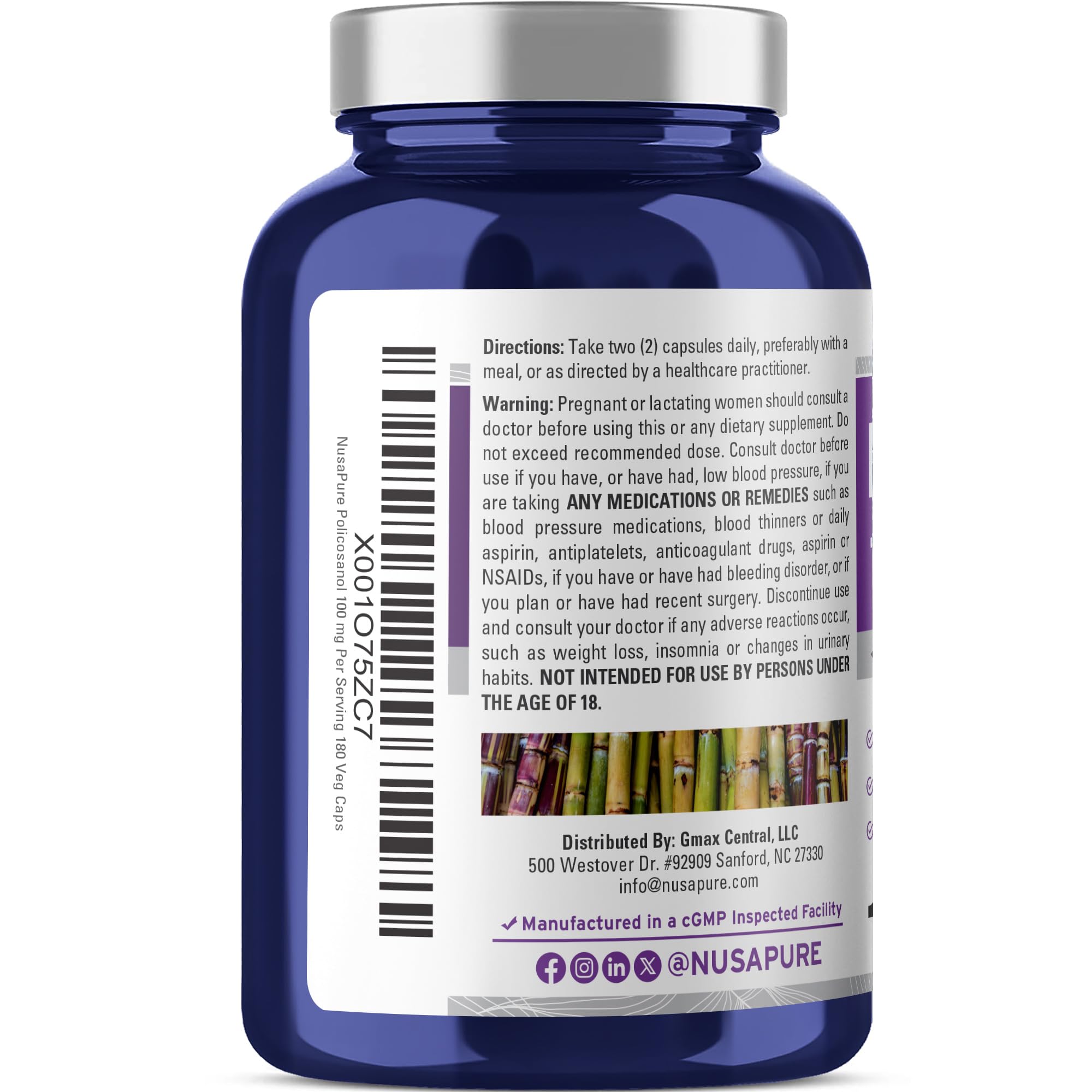 NusaPure Policosanol 100mg 180 Veggie Capsules (Vegan, Non-GMO) NusaPureAu supplements