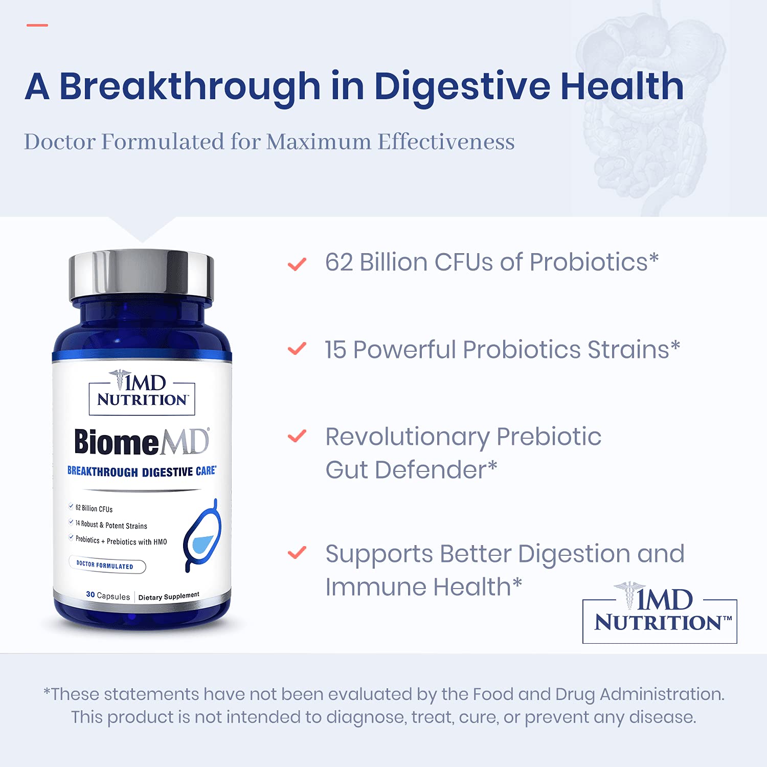 1MD Nutrition BiomeMD Probiotics | 62 Billion CFUs, 15 Comprehensive Strains - Pro & Prebiotics | Doctor-Formulated for Digestive Health & Immune Support | 30 Capsules 1MD NutritionAu supplements
