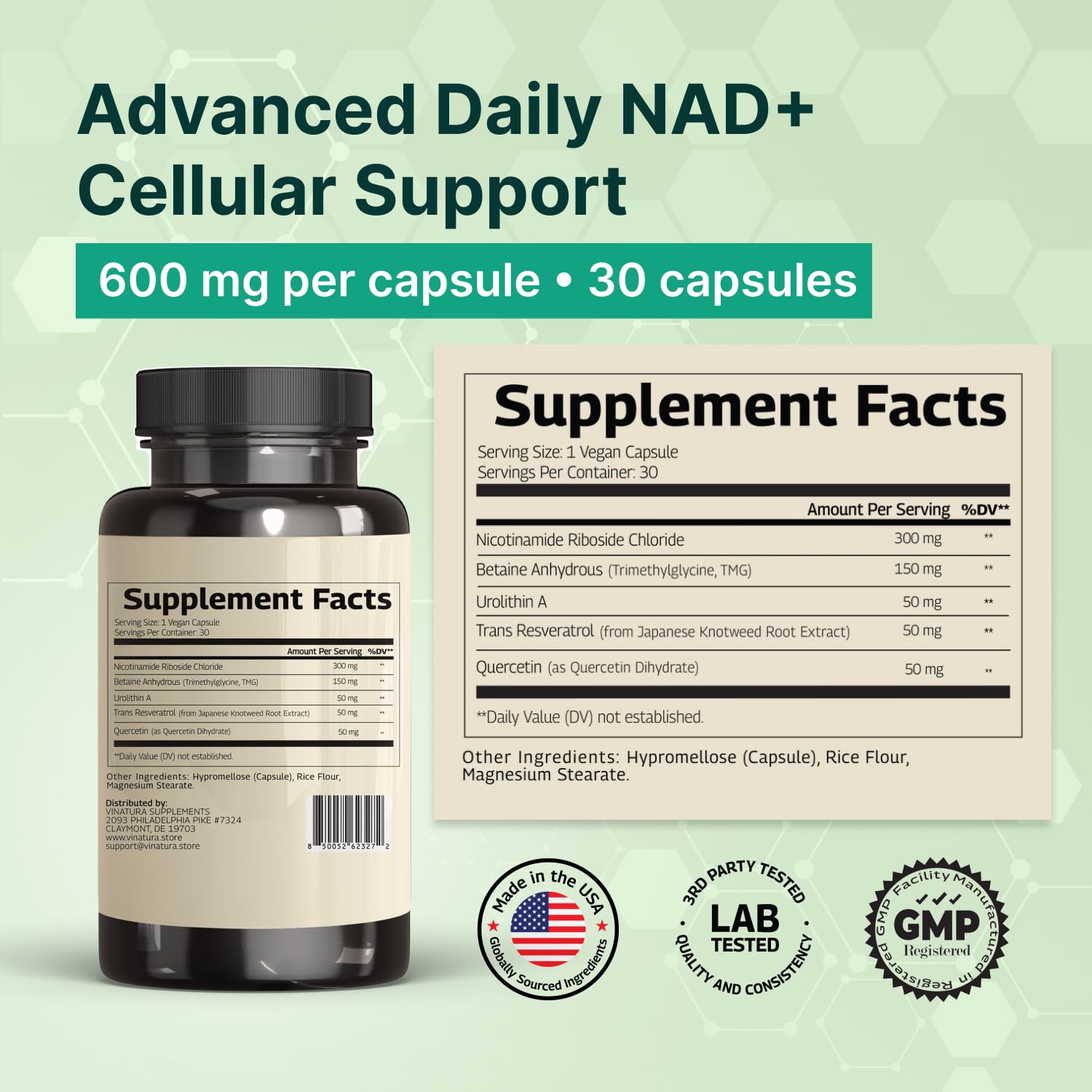 VINATURA NAD Supplement, Nicotinamide Riboside with Resveratrol - Advanced NAD+ Supplement with TMG and Urolithin A, for Women and Men - 30 Vegan Capsules VINATURAAu supplements