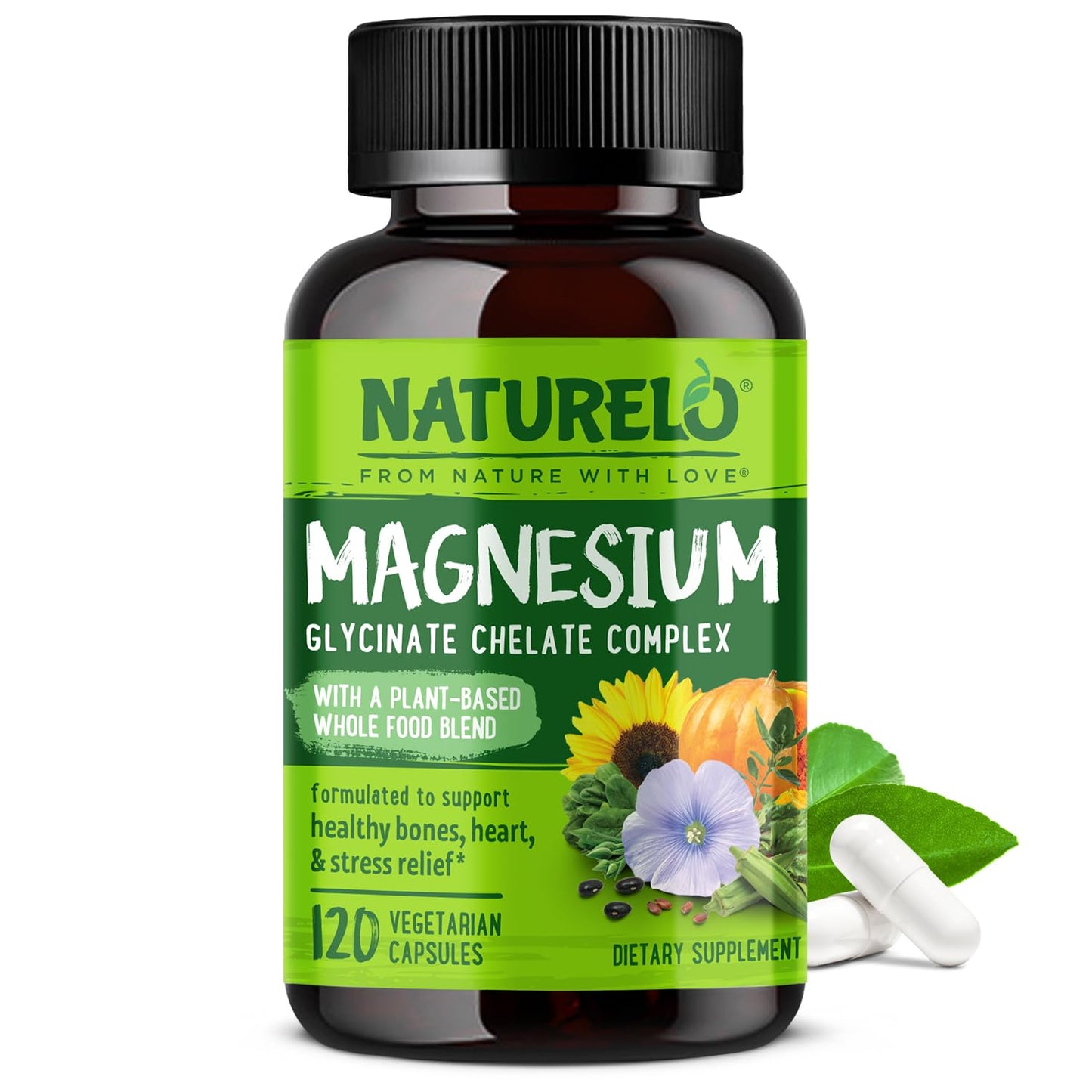 NATURELO Magnesium Glycinate Chelate Complex - 200 mg Magnesium with Organic Vegetables to Support Sleep, Calm, Muscle Cramp & Stress Relief NATURELOUS supplements