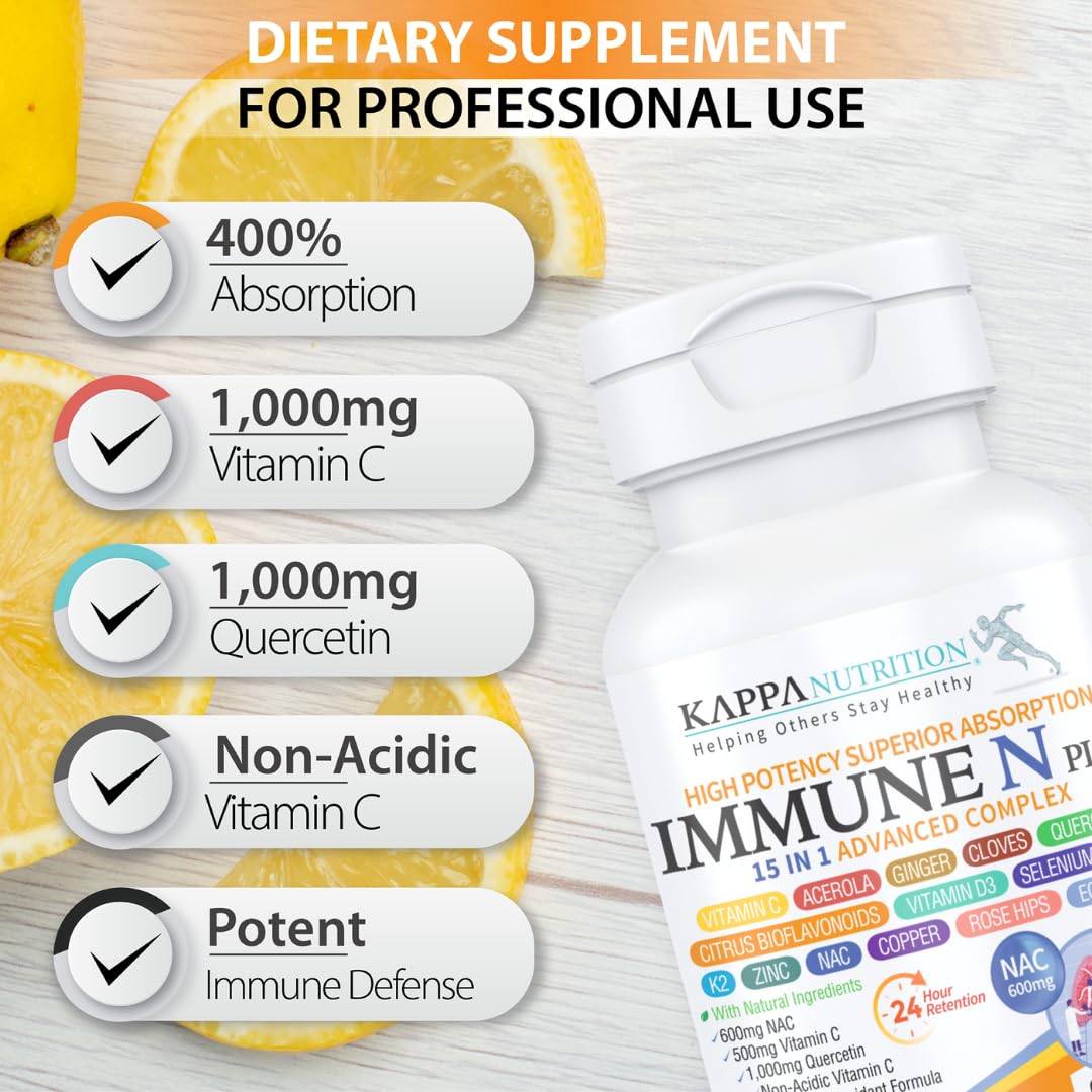 (60 Capsules), NAC 600mg, Quercetin 1,000mg, Vitamin C 500mg, Zinc 50mg, Vitamin D3 5,000iu, Selenium, Copper, Acerola, Ginger, Rutin, Citrus Bioflavonoids, Rose Hips, Echinacea, Immune N Plus 15 in 1 KAPPA NUTRITIONAu supplements