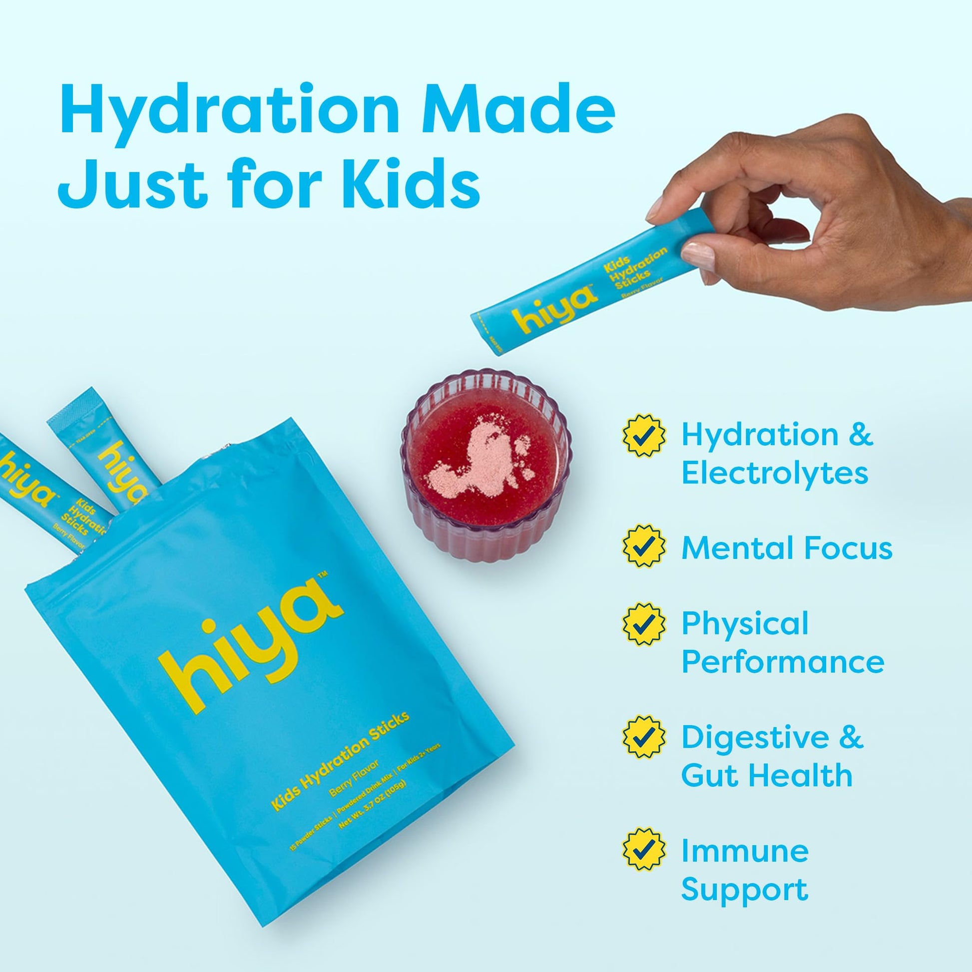 Hiya Kids Hydration with Electrolytes - Zero Added Sugar Berry Flavored Kids Hydration Packets - 15 Sticks - Travel-Friendly Drink Mix for Children Ages 2+ HIYAAu supplements