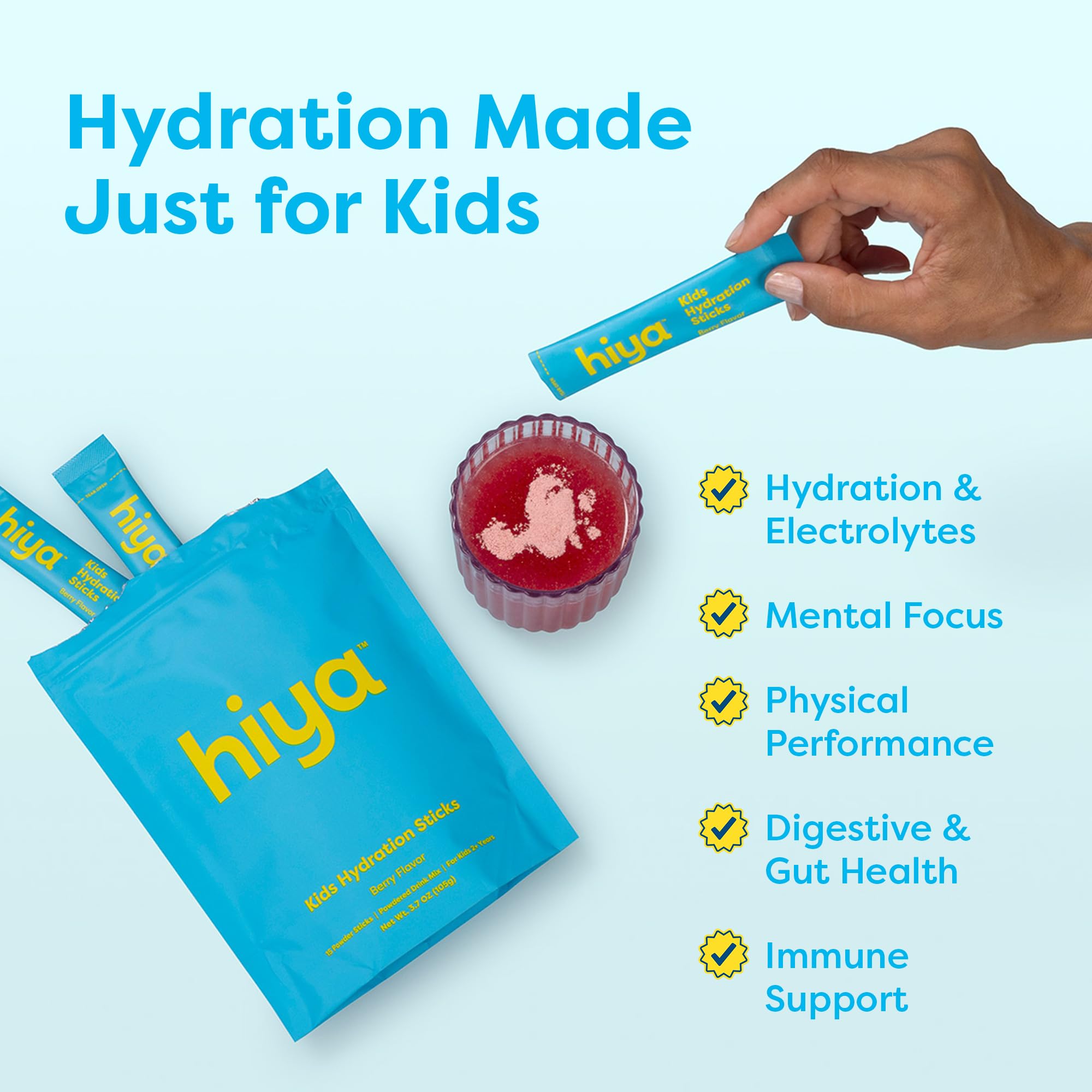 Hiya Kids Hydration with Electrolytes - Zero Added Sugar Berry Flavored Kids Hydration Packets - 15 Sticks - Travel-Friendly Drink Mix for Children Ages 2+ HIYAAu supplements