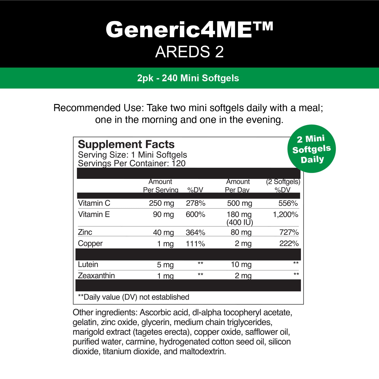 GENERIC4ME AREDS 2 SoftGels, 500 mg Vitamin C, 400 IU Vitamin E, 10 mg Lutein, 2 mg Zeaxanthin, 80 mg Zinc, 2 mg Copper - Supports Eye Health - 120 Mini SoftGels (Two Month Supply) Generic4MEAu supplements