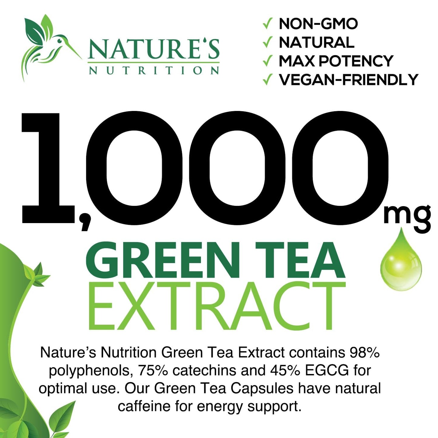 Green Tea Extract Capsules 1000mg 98% Standardized EGCG - 3X Strength for Natural Nature's NutritionUS supplements