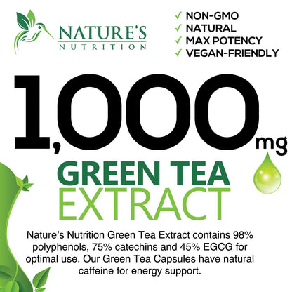 Green Tea Extract Capsules 1000mg 98% Standardized EGCG - 3X Strength for Natural Nature's NutritionUS supplements