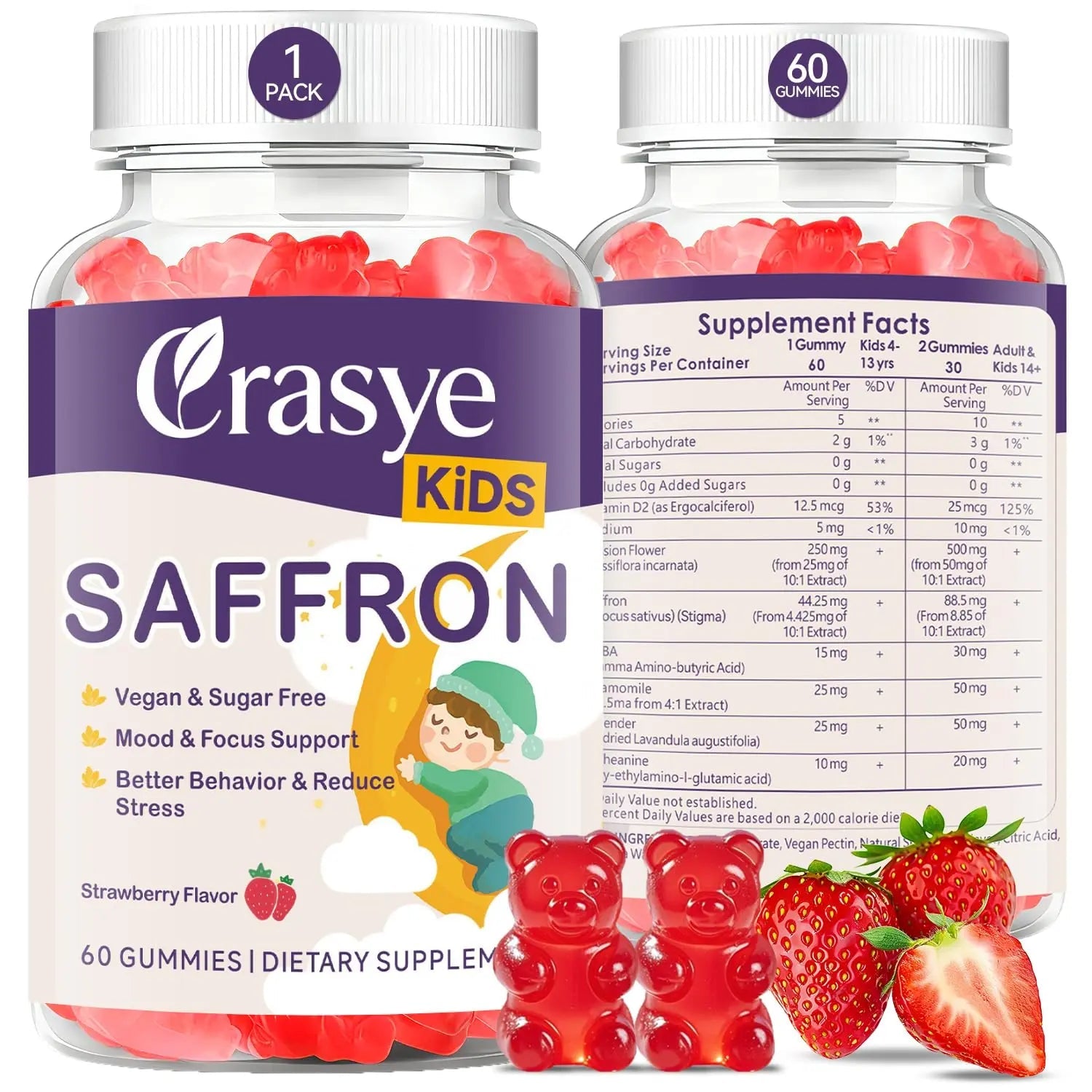 Crasye Saffron Gummies for Kids 100% Pure Organic Saffron Extract Sugar Free Saffron Supplements Gummy for Children Calm Mood & Focus - 60 Gummies CrasyeAu supplements