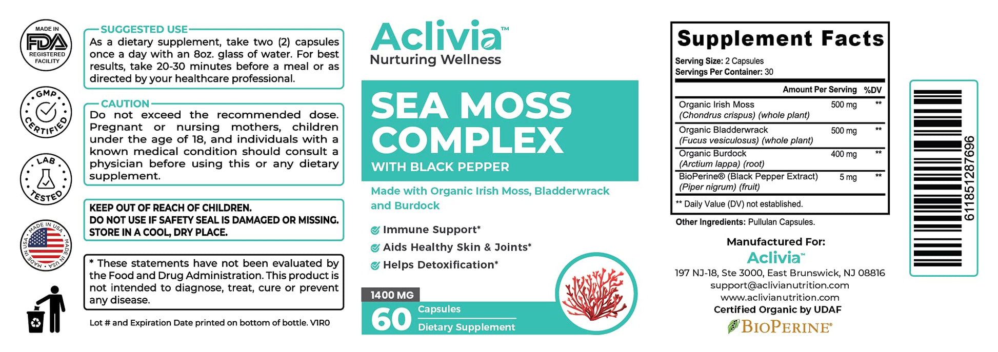Aclivia - Organic Irish Sea Moss Capsules with Bladderwrack & Burdock Root - 102 Minerals Sea Moss Supplement - Thyroid Support, Immune Boost - Non-GMO (60 Count) AcliviaAu supplements