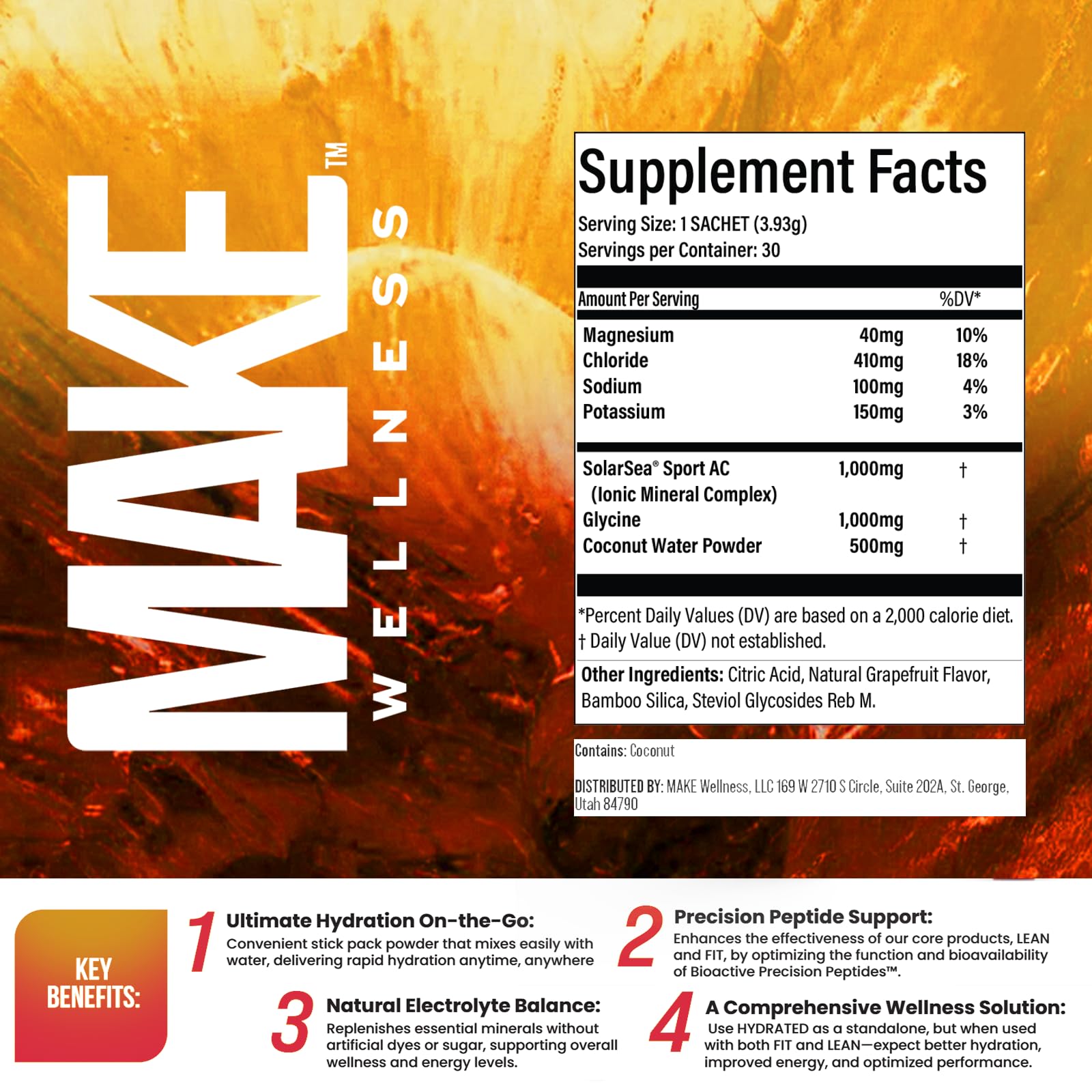 Make Wellness HYDRATED | 30 Servings | Grapefruit Flavor | Supports Hydration & Electrolyte Balance | Bioactive Peptide Blend for Daily Overall Wellness Make WellnessAu supplements