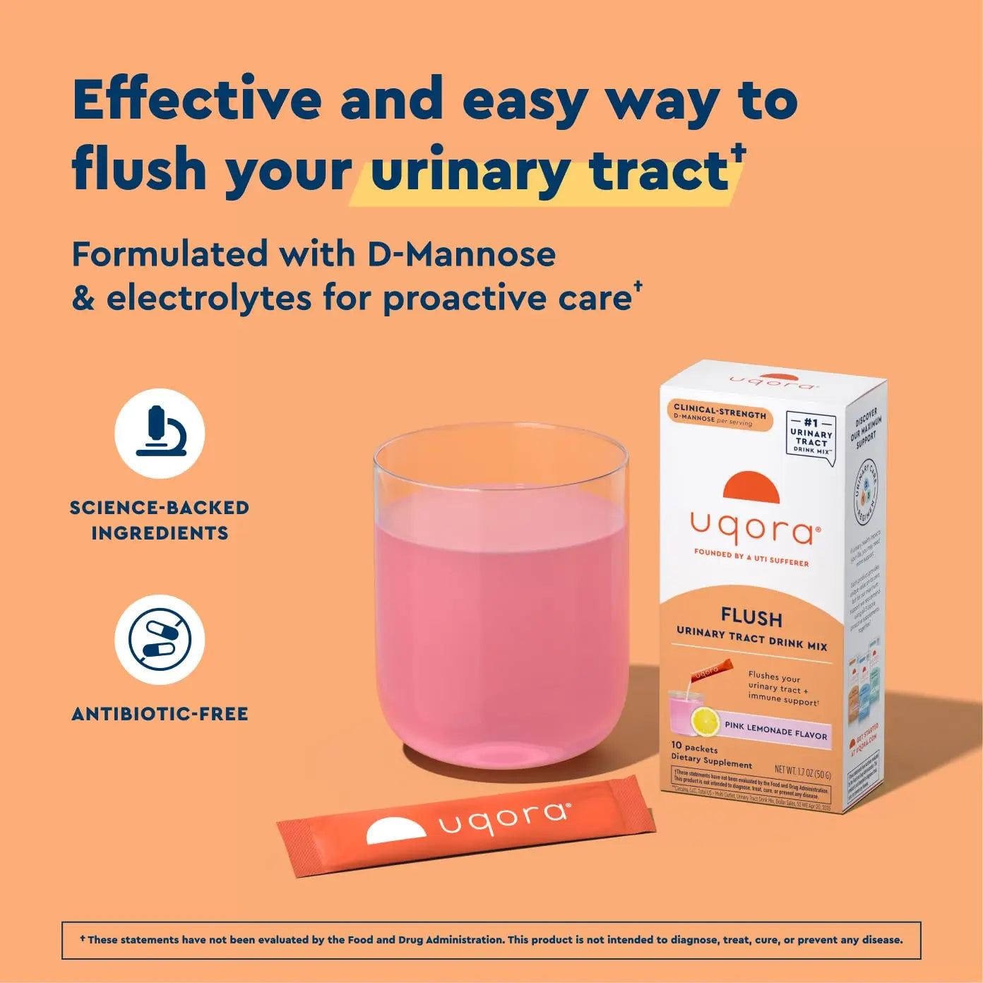 Uqora Flush - Urinary Tract* with D-Mannose, Vitamin C, Vitamin B6, Potassium, Magnesium & Calcium - Gluten-Free & Vegan - Pink Lemonade Flavor - 10 Packets (1 Pack) UqoraAu supplements