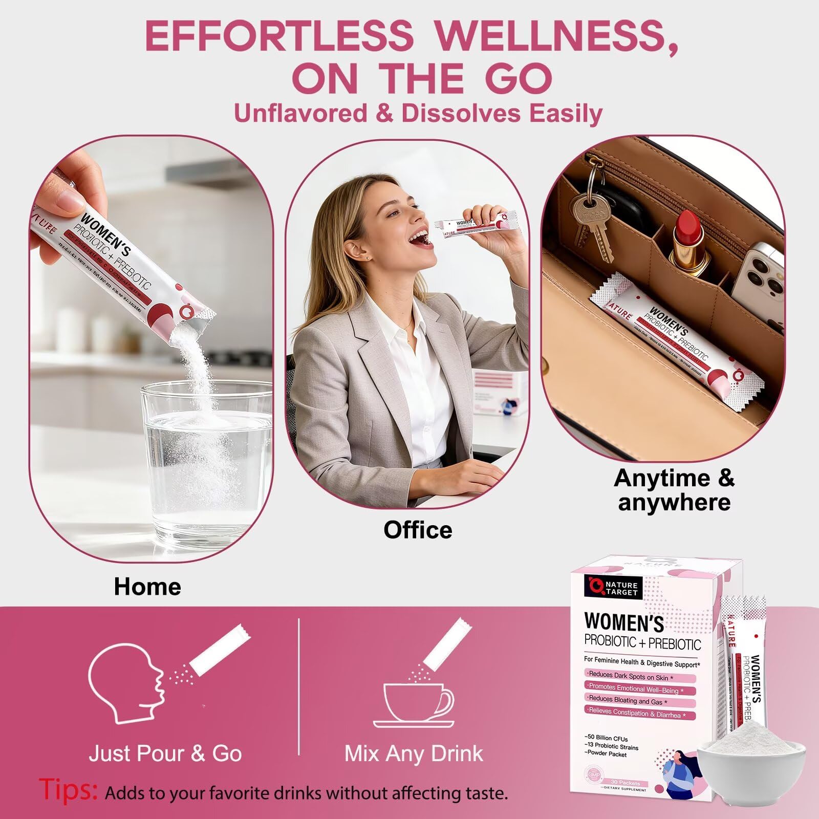 NATURE TARGET Probiotics for Women Probiotic Powder - 50 Billion CFUs, 13 Strains Supports for Digestive Vaginal Health, Bloating Relief, 30 Stick Packs NATURE TARGETAu supplements