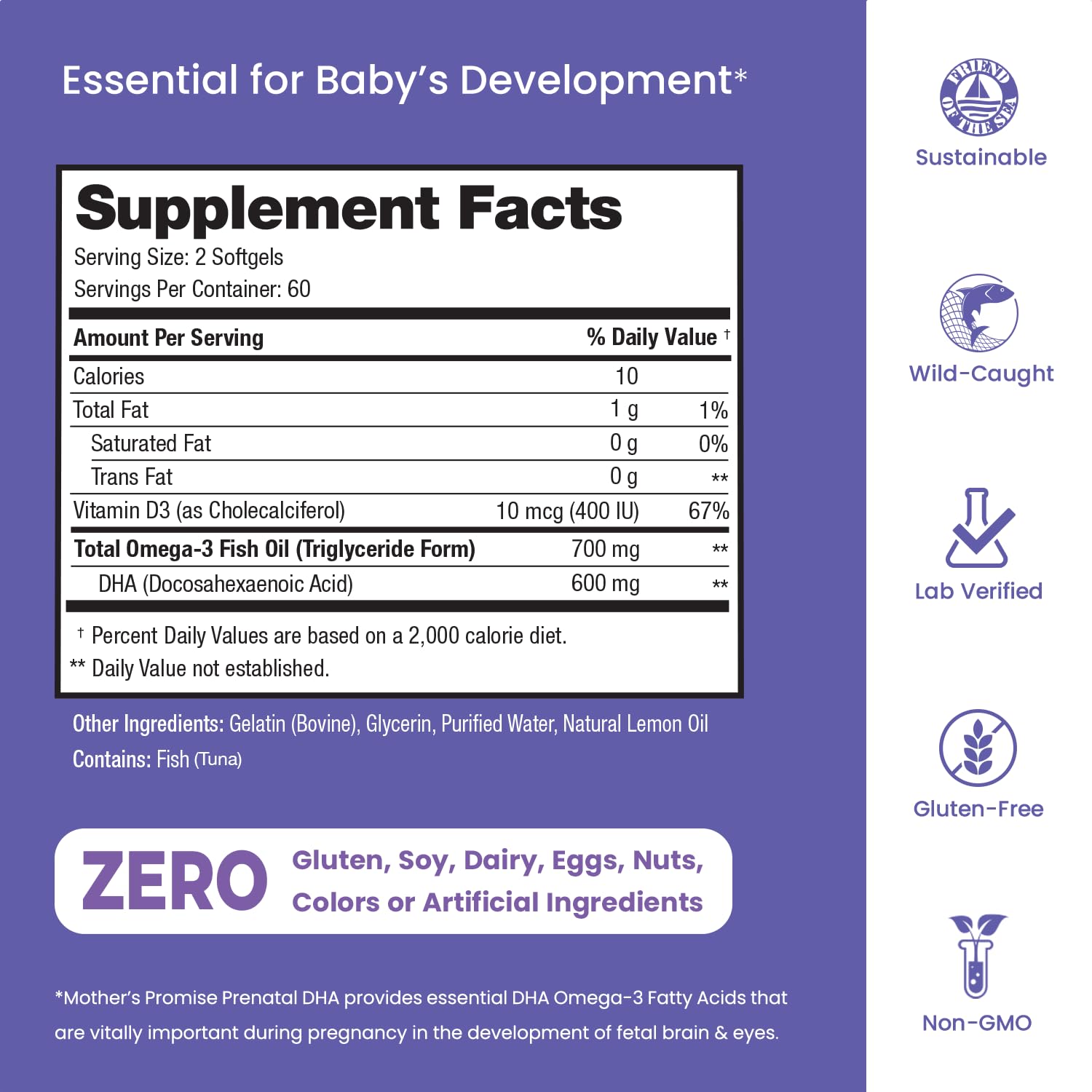 Prenatal DHA for Women 600mg + 400 IU Vitamin D3 | 120 Softgels | Supports Brain Health | Triglyceride Omega 3 Fish Oil DHA Prenatal Vitamins for Pregnancy & Nursing | 300mg per Capsule Mother's PromiseAu supplements