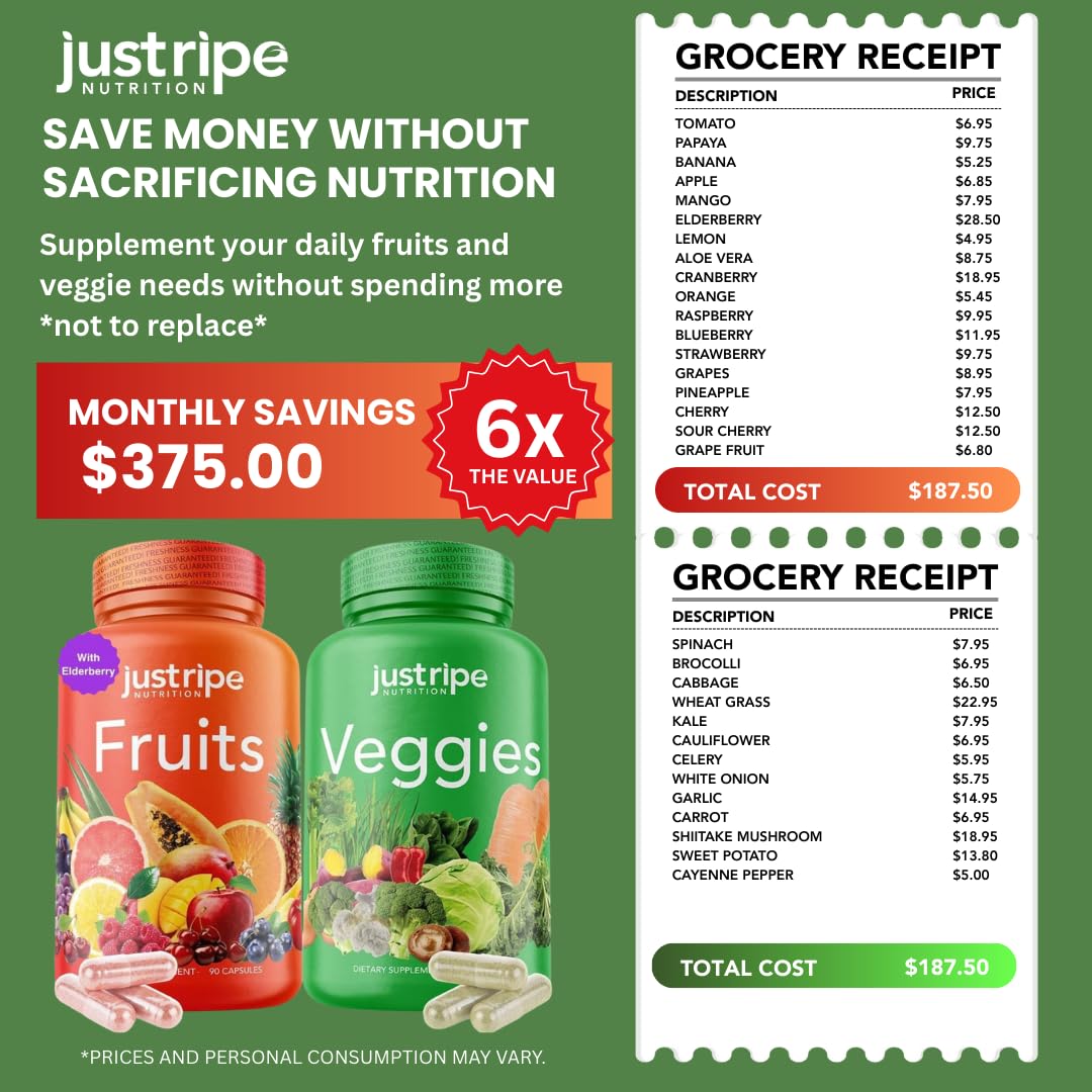 Fruits and Veggies Supplement - 90 Fruit and 90 Vegetable Capsules - 100% Whole Natural Superfood - Filled with Super Greens Vitamins and Minerals - Supports Balance Energy Levels (1 Pack) Just Ripe NutritionAu supplements
