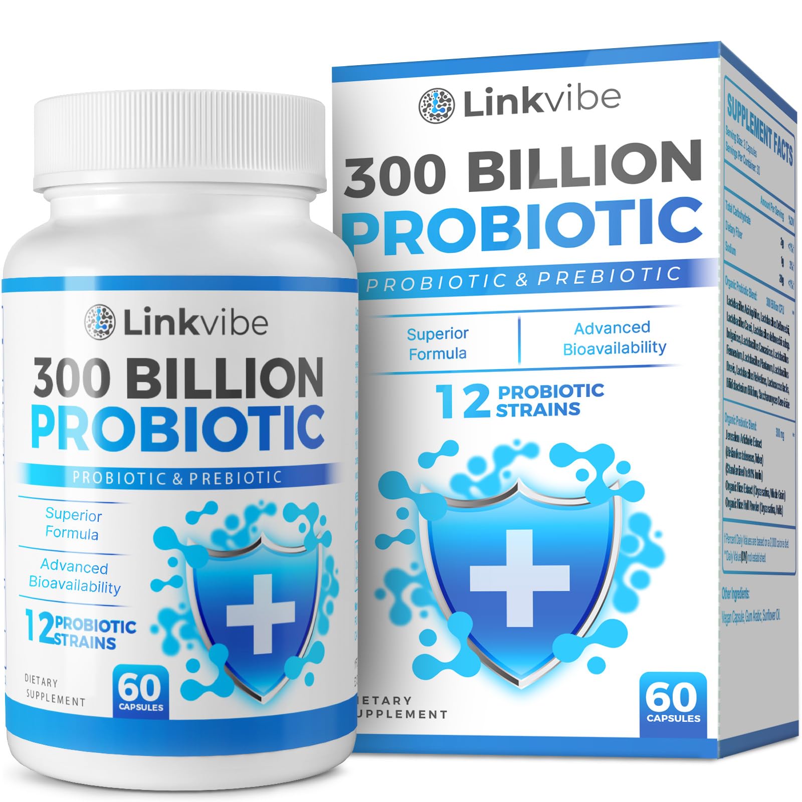 Probiotic 300 Billion CFU - 12 Strains with Organic Prebiotics for Digestive & Gut, Immune, Bloating Health - Probiotics for Women and Men - Daily Dairy Free, Shelf Stable - 60 Counts LinkvibeAu supplements