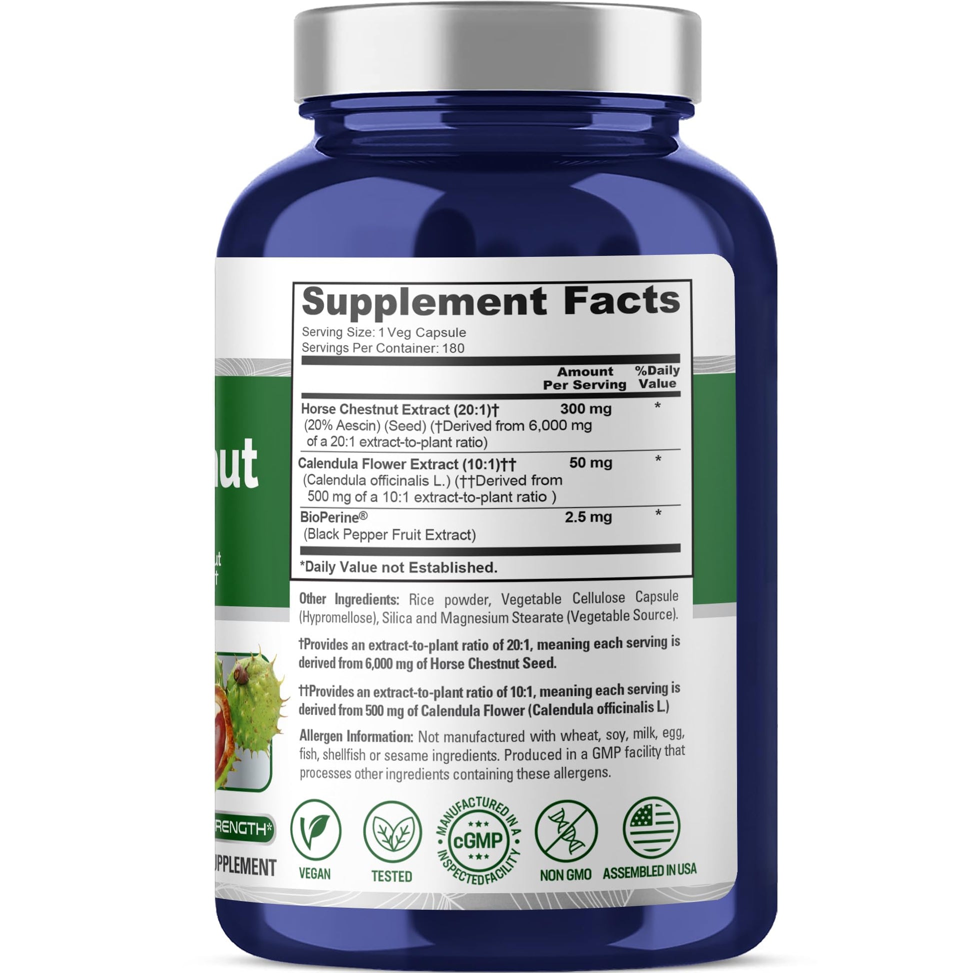 NusaPure Horse Chestnut 20:1 Extract, 300 mg Equivalent to 6,000mg 180 Veggie Caps Non-GMO, Vegan, BioPerine, Calendula Flower NusaPureAu supplements