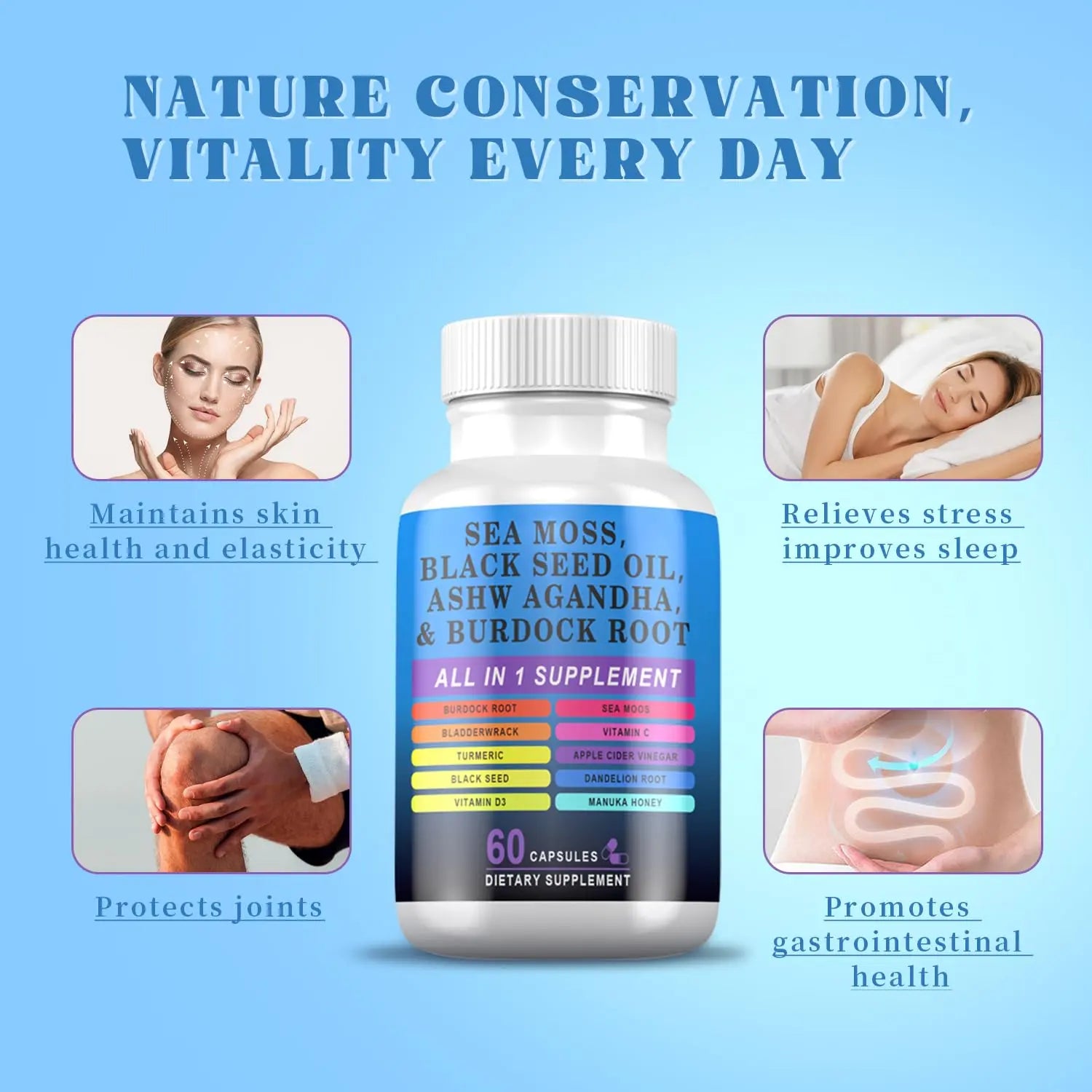 Pyzor Sea Moss Black Seed Oil Ashwagandha Turmeric Bladderwrack Burdock, Elderberry Manuka Dandelion, Burdock Root Turmeric Vitamin D3 Chlorophyll - 60 Capsules Pyzornz supplements