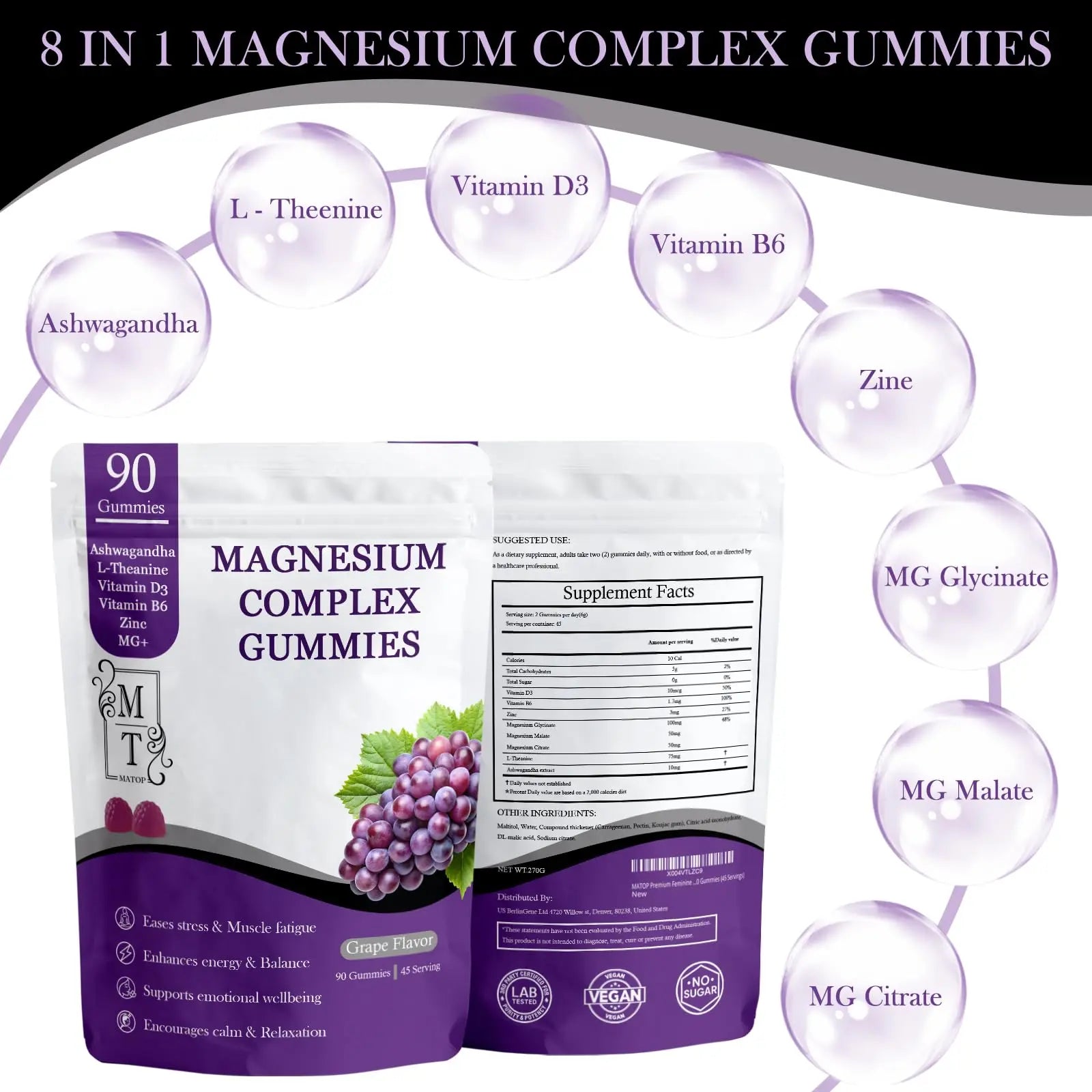 MATOP Magnesium Complex for Women Gummies - 8 in 1 Triple Magnesium Complex (Glycinate, Malate, Citrate) with L-Theanine, Ashwagandha, Vitamin D3, B6 & Zinc - Stress, Calm & Focus - 90 Vegan Gummies MATOPnz supplements