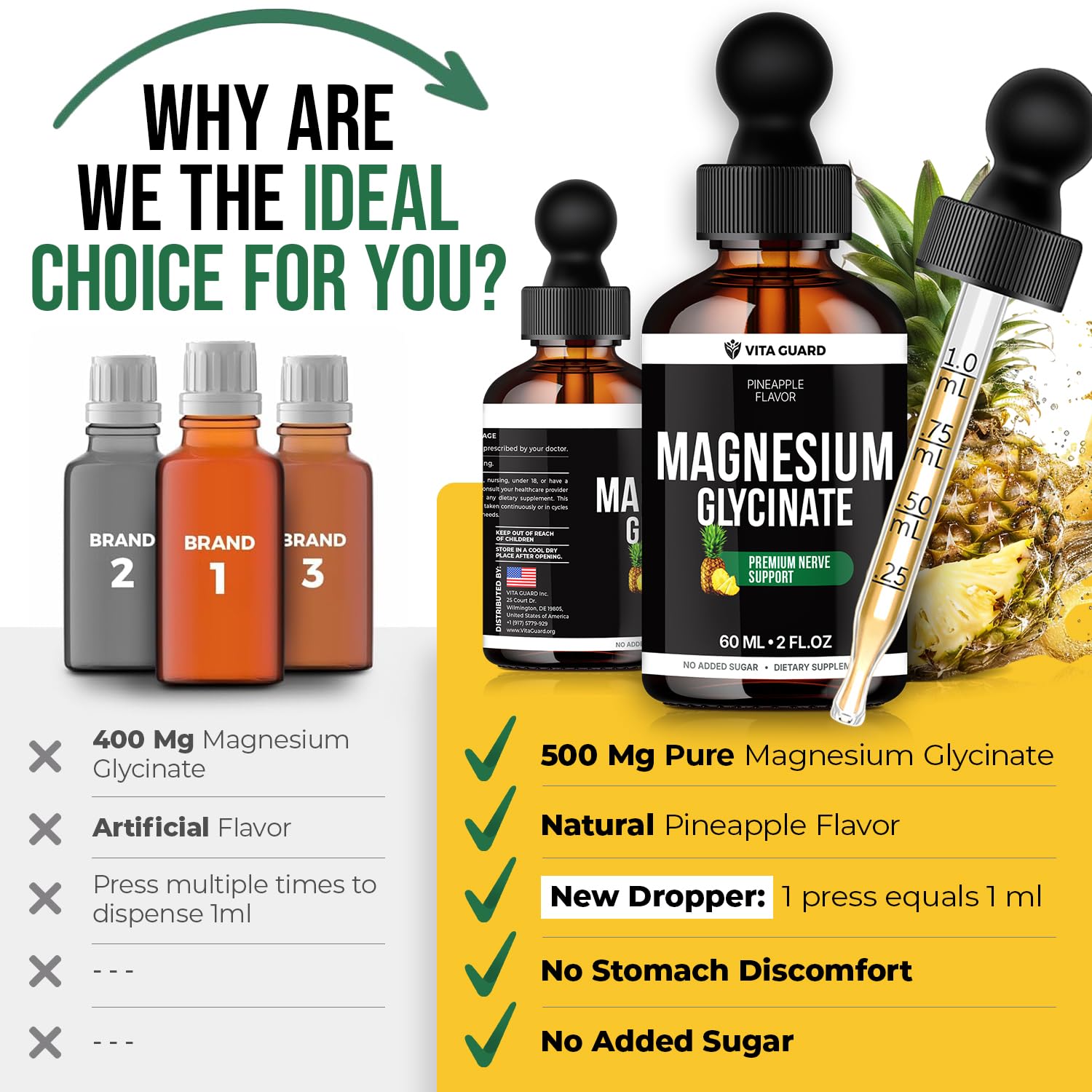 Magnesium Glycinate 500mg Liquid Drops – Sugar-Free Magnesium Supplement, Vegan Formula, 60 mL Flavor Pineapple Vita GuardAu supplements