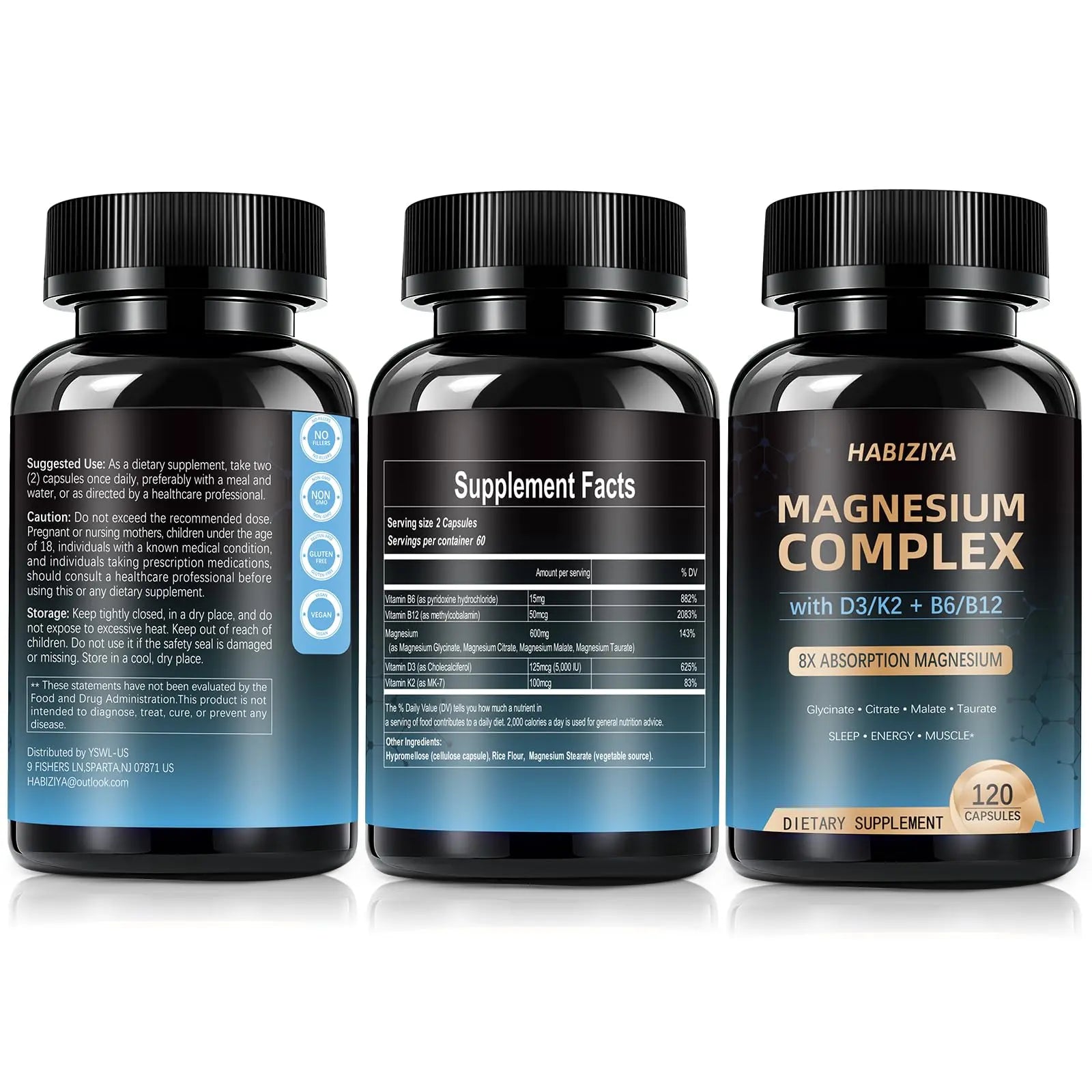 Magnesium Complex Supplement 600mg with with D3 K2 MK7 & B Vitamins High Absorption Capsules with Glycinate, Citrate & Malate,Taurate Relaxation,Muscle,Heart Support, Vegan 120 Capsules HABIZIYAnz supplements