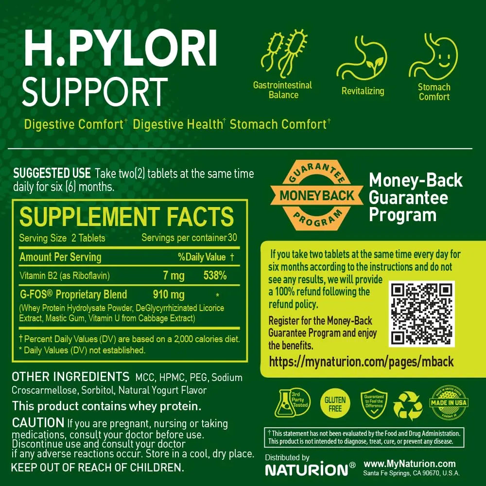 NATURION H. Pylori Support - Digestive Health Supplement with G-FOS Blend, Whey Protein, Licorice, Mastic Gum, Vitamin U, and Vitamin B2 - Stomach Comfort & Gut Balance - 60 Tablets, 30 Day Supply NATURIONnz supplements
