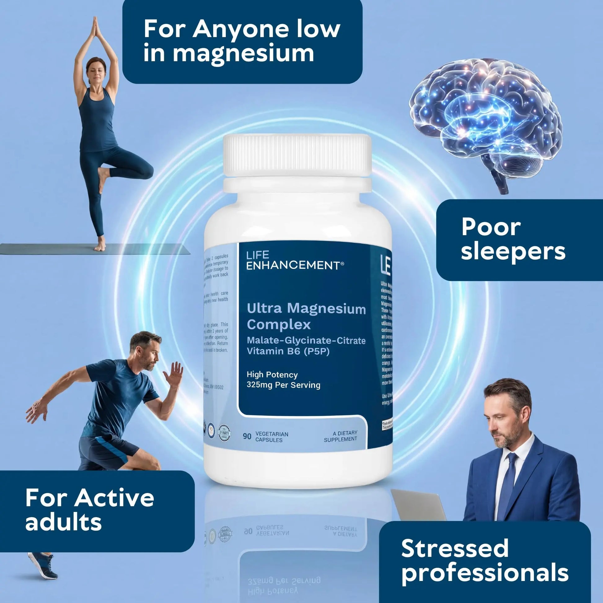 Life Enhancement Ultra Triple Magnesium Complex - 325 mg - with B6, Glycinate, Malate & Citrate - Magnesium Supplement Enhance Sleep and Brain Function - Made in USA (90 Vegetarian Capsules) Life Enhancementnz supplements
