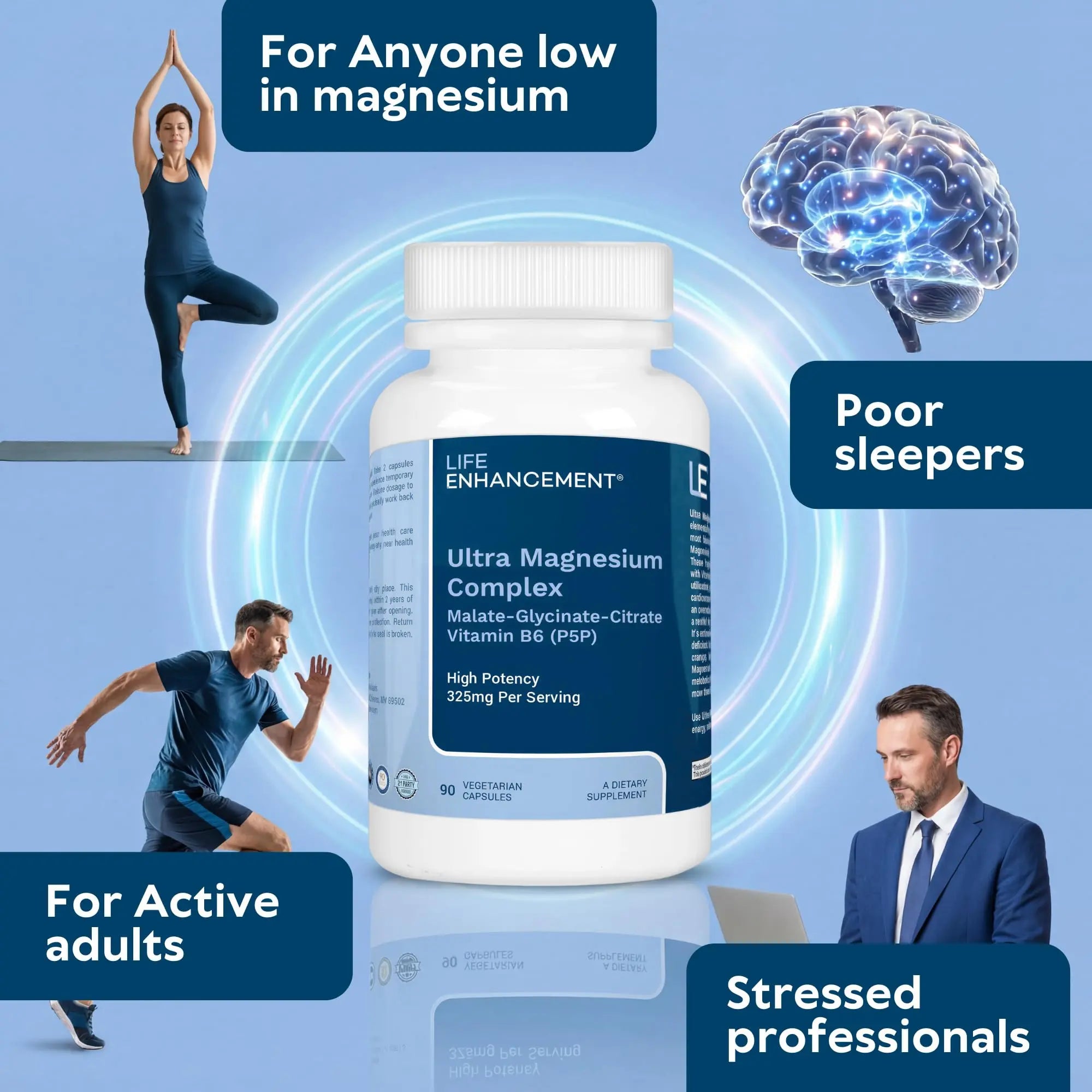 Life Enhancement Ultra Triple Magnesium Complex - 325 mg - with B6, Glycinate, Malate & Citrate - Magnesium Supplement Enhance Sleep and Brain Function - Made in USA (90 Vegetarian Capsules) Life Enhancementnz supplements