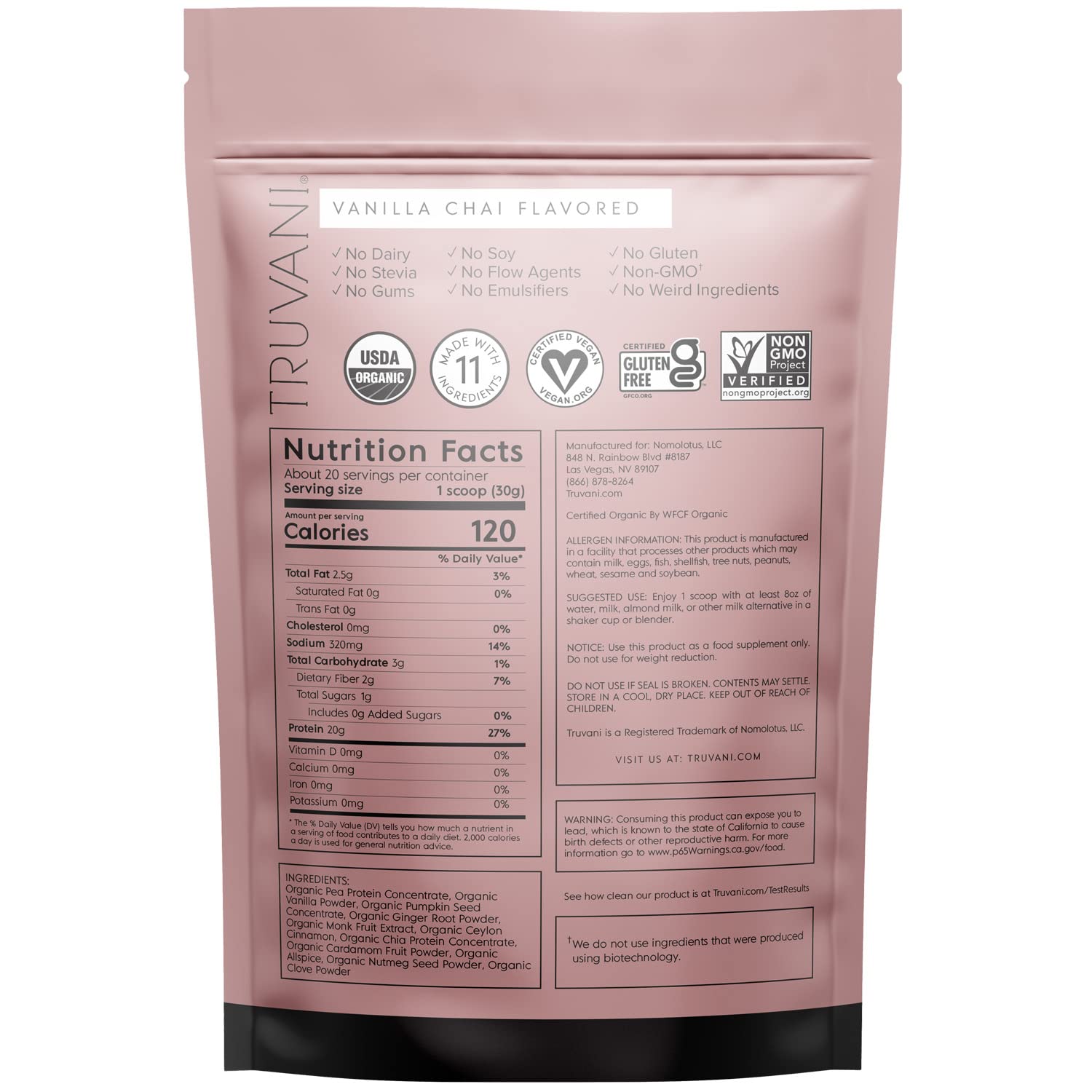 Truvani Organic Vegan Protein Powder Vanilla Chai - 20g of Plant Based Protein, Organic TruvaniUS supplements