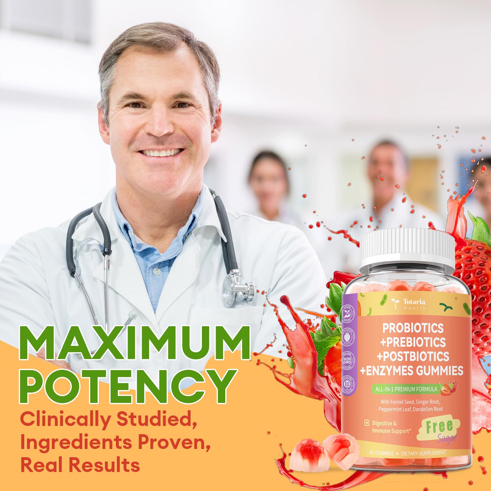 (2 Packs) Totaria Sugar Free 5-in-1 Probiotic Prebiotic Postbiotic Gummy, Probiotics for Women Men with Digestive Enzymes, Peppermint, Complete Immune, Gut & Digestive Support, Vegan Strawberry Flavor TotariaAu supplements