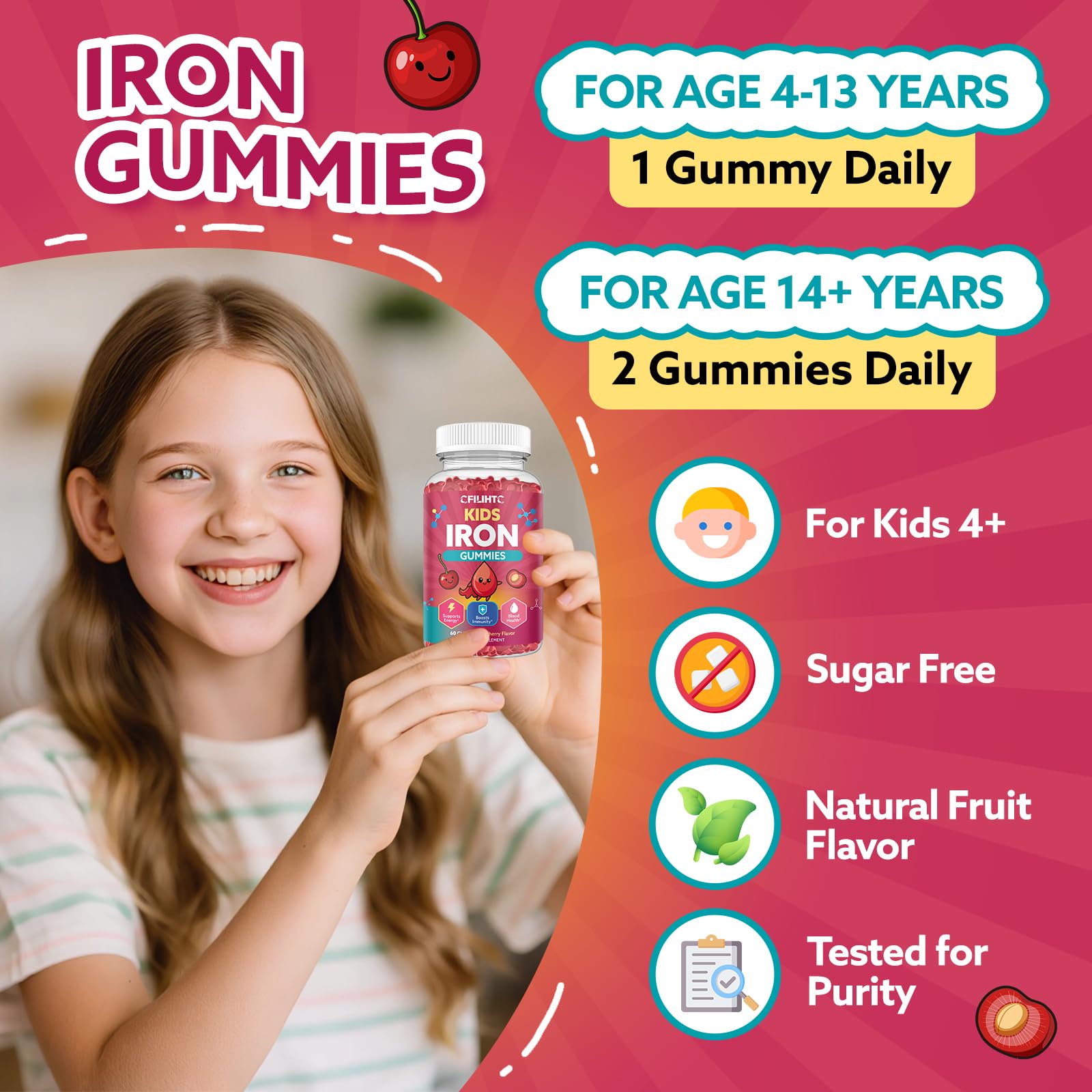 Iron Gummies for Kids & Teens, Kids Multivitamin with Iron Supplement, Calcium, Folate, Zinc, Prebiotic - for Blood Builder & Energy Support, Iron Deficiency - Vegan & Non-GMO - 60 Count Cherry CFILIHTCAu supplements