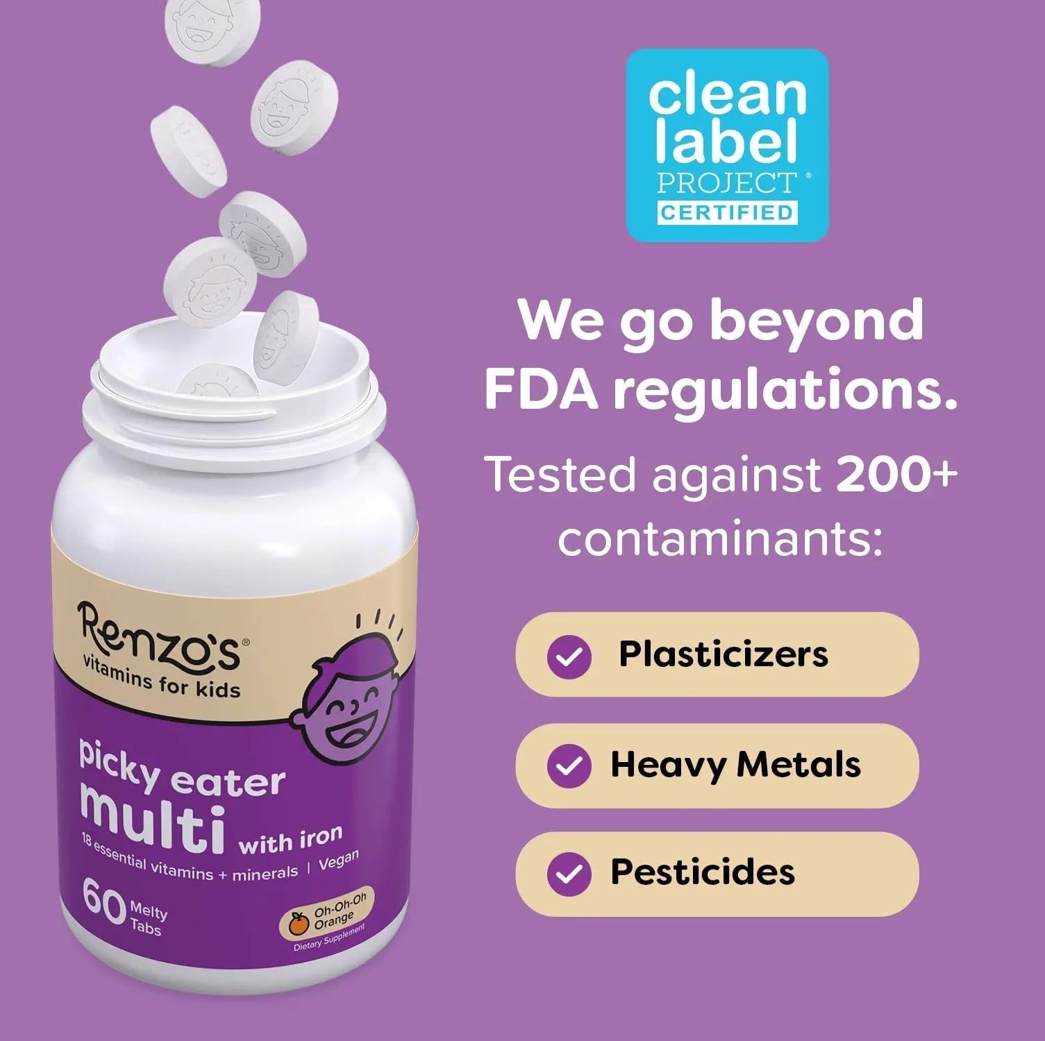 Renzo's Picky Eater Kids Multivitamin with Iron, Dissolving Kids Vitamins with Vitamin D3 and K2 and More, 60 Sugar-Free Melty Tabs Renzo'sAu supplements