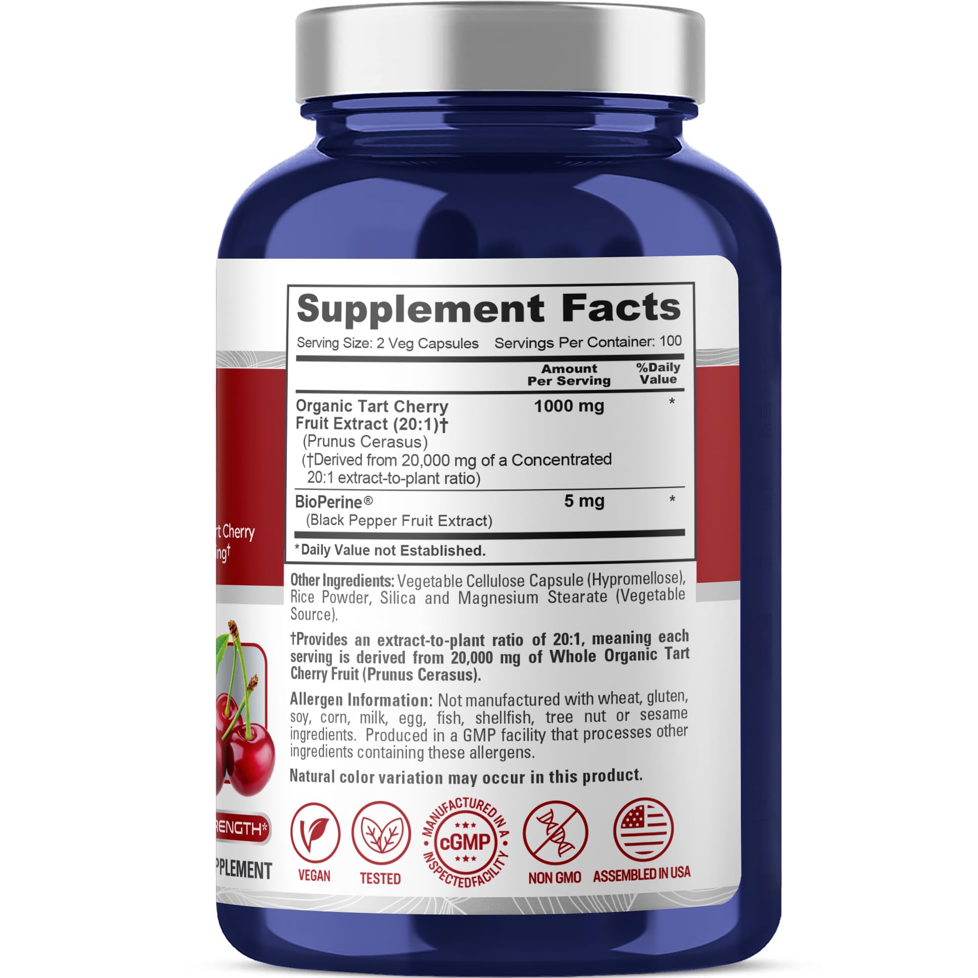 NusaPure Organic Tart Cherry 20:1 Extract, 1000 mg Equivalent to 20,000 mg 200 Veggie Caps (Vegan, Non-GMO) Bioperine NusaPureAu supplements